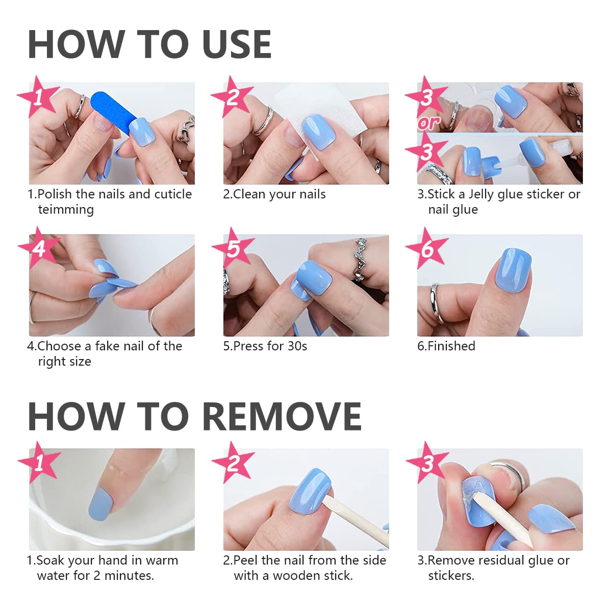24Pcs Almond Press on Nails Medium Fake Nails with Gold 3D Star Moon Design French Tip Glue on Nail Full Cover Glossy False Nail Reusable Acrylic Artificial Fingernails for Women Manicure Decoration
