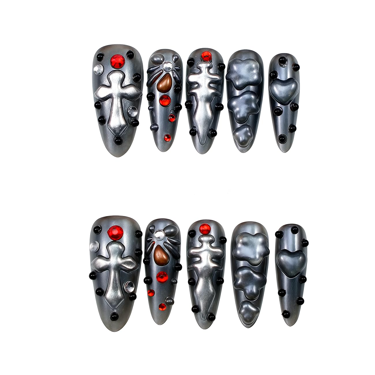 WZHAOJUN Long Stiletto Press On Nails, Gothic Punk Silver Metallic Fake Nails With 3d Cross Heart Charms, Red Black Rhinestone Studs, Handmade Y2k Rock Acrylic False Nails For Women Halloween Nail Art