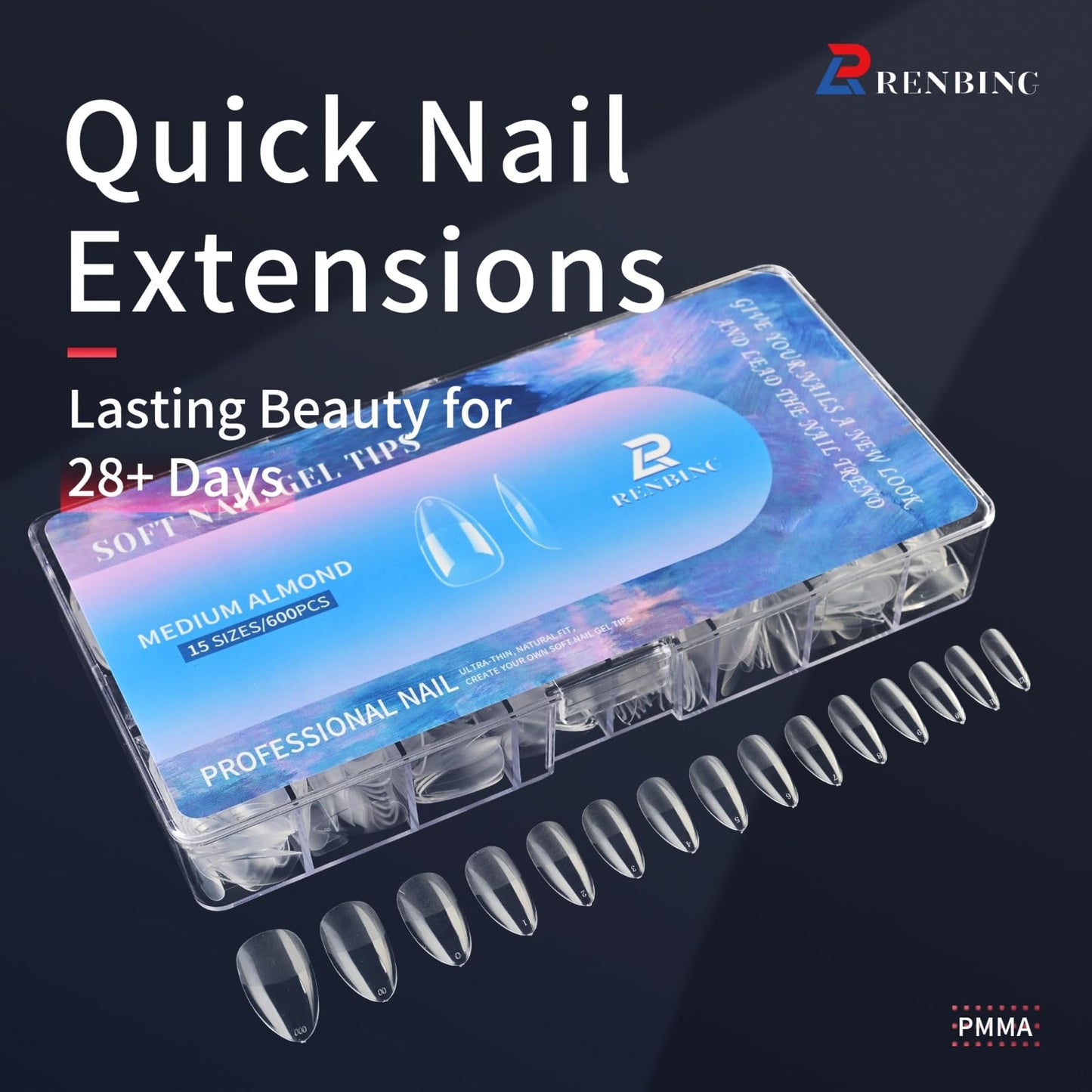 RENBING Gel Nail Tips Medium Almond,600pcs Fake Nails,15 Sizes Acrylic Nail Tips,Half Matte Press on Nail Tips,Full Cover Clear False Nails Gifts for Women Create Salon Nail Art at Home
