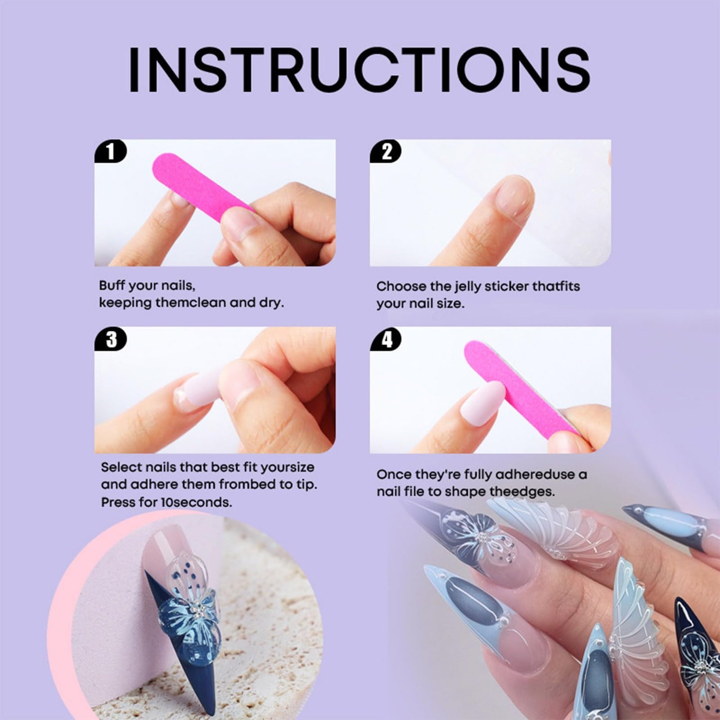 Blue French Tips Press On 3D Curve Line Stick On Long Stiletto 3D Flower Acrylic Fake Nails - 24 Pcs Glossy Blue Gradient False Pearl Gel Glue On for Women Girls
