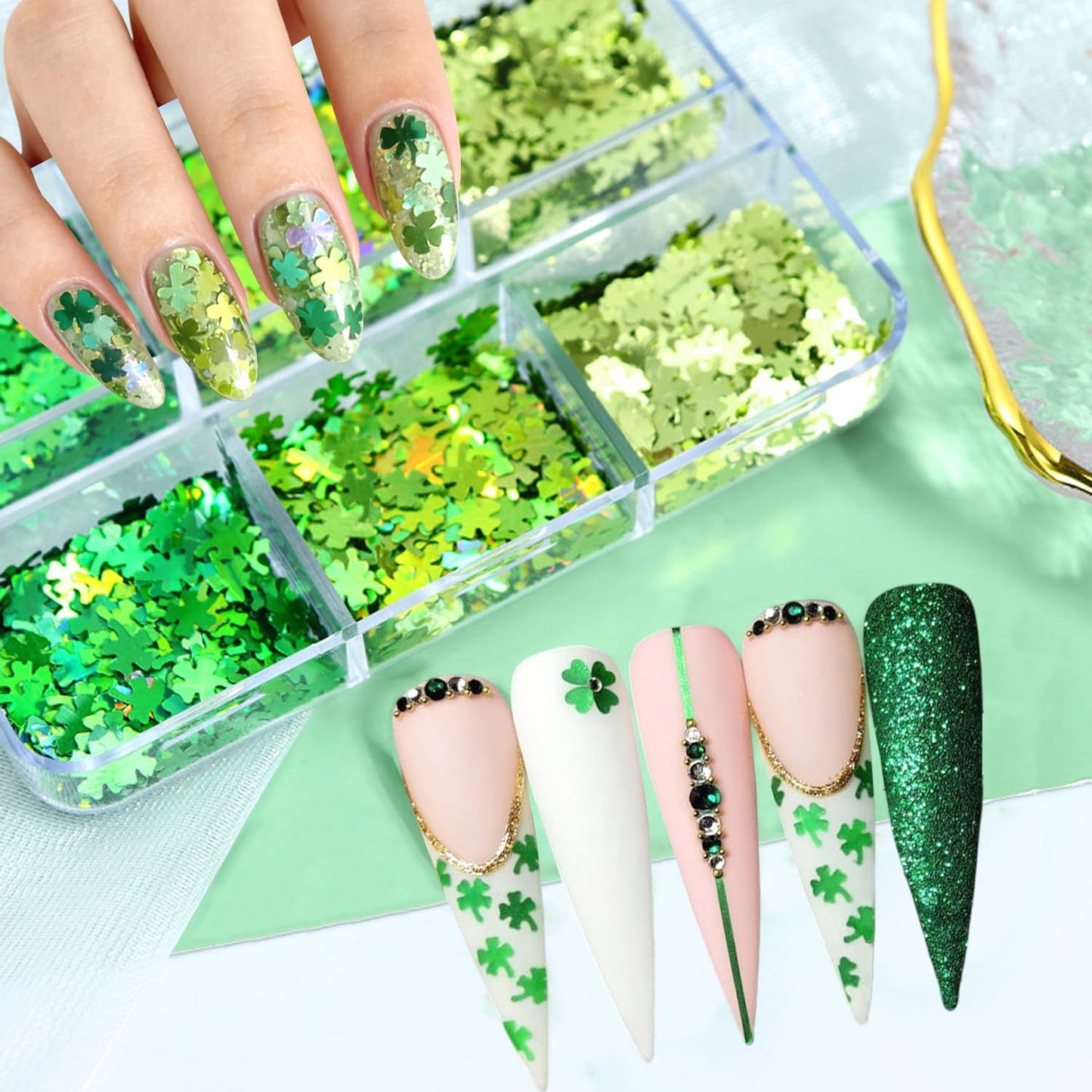 St. Patrick's Day Nail Art Glitters Kit - 3D Sparkling Four-Leaf Clover Design Green Shamrock Nail Glitter Flakes Irish Lucky Shaped Nail Sequins for Women Spring Manicure Decor DIY Accessories Crafts