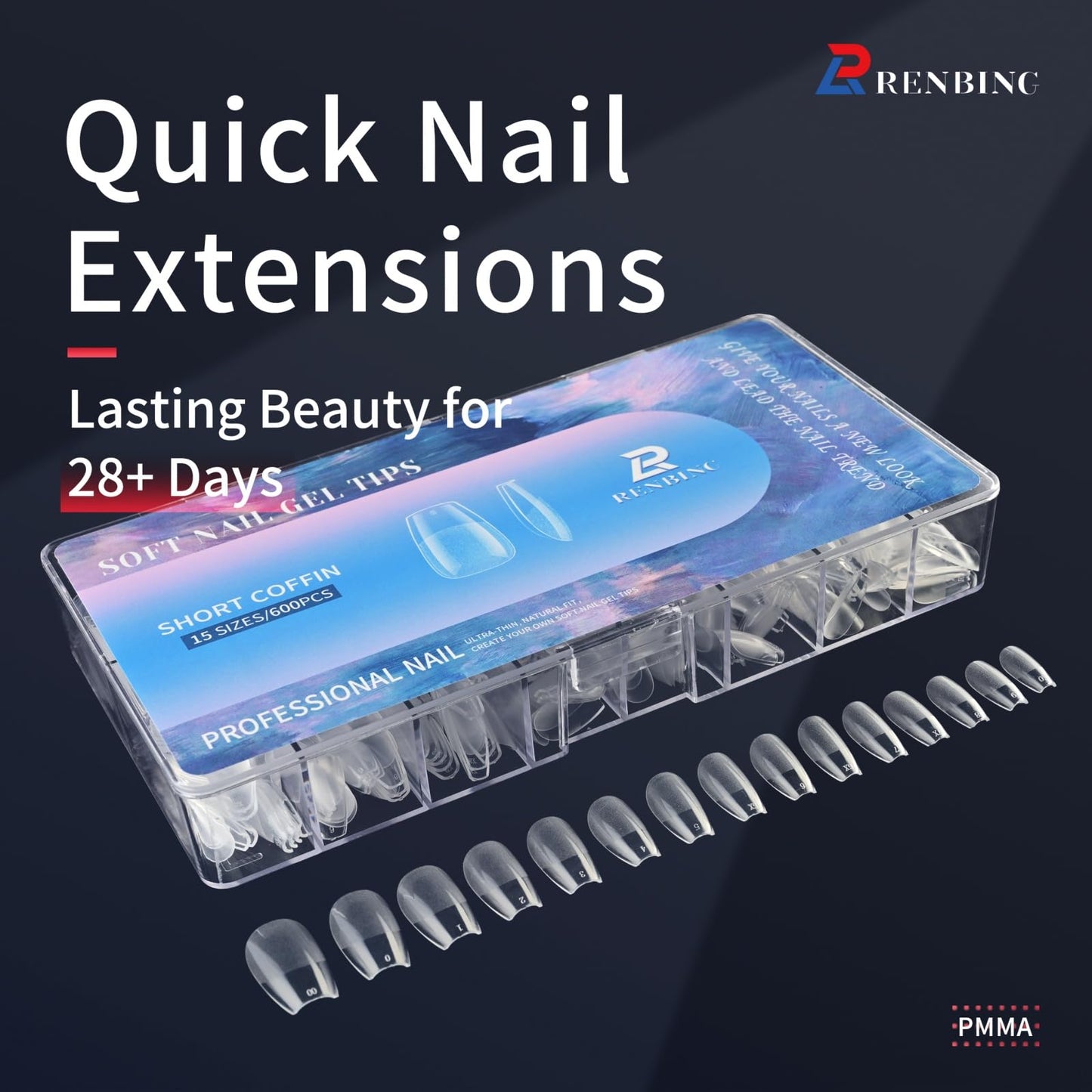 RENBING Gel Nail Tips Short Coffin,600pcs Fake Nails,15 Sizes Acrylic Nail Tips,Half Matte Press on Nail Tips,Full Cover Clear False Nails Gifts for Women Create Salon Nail Art at Home