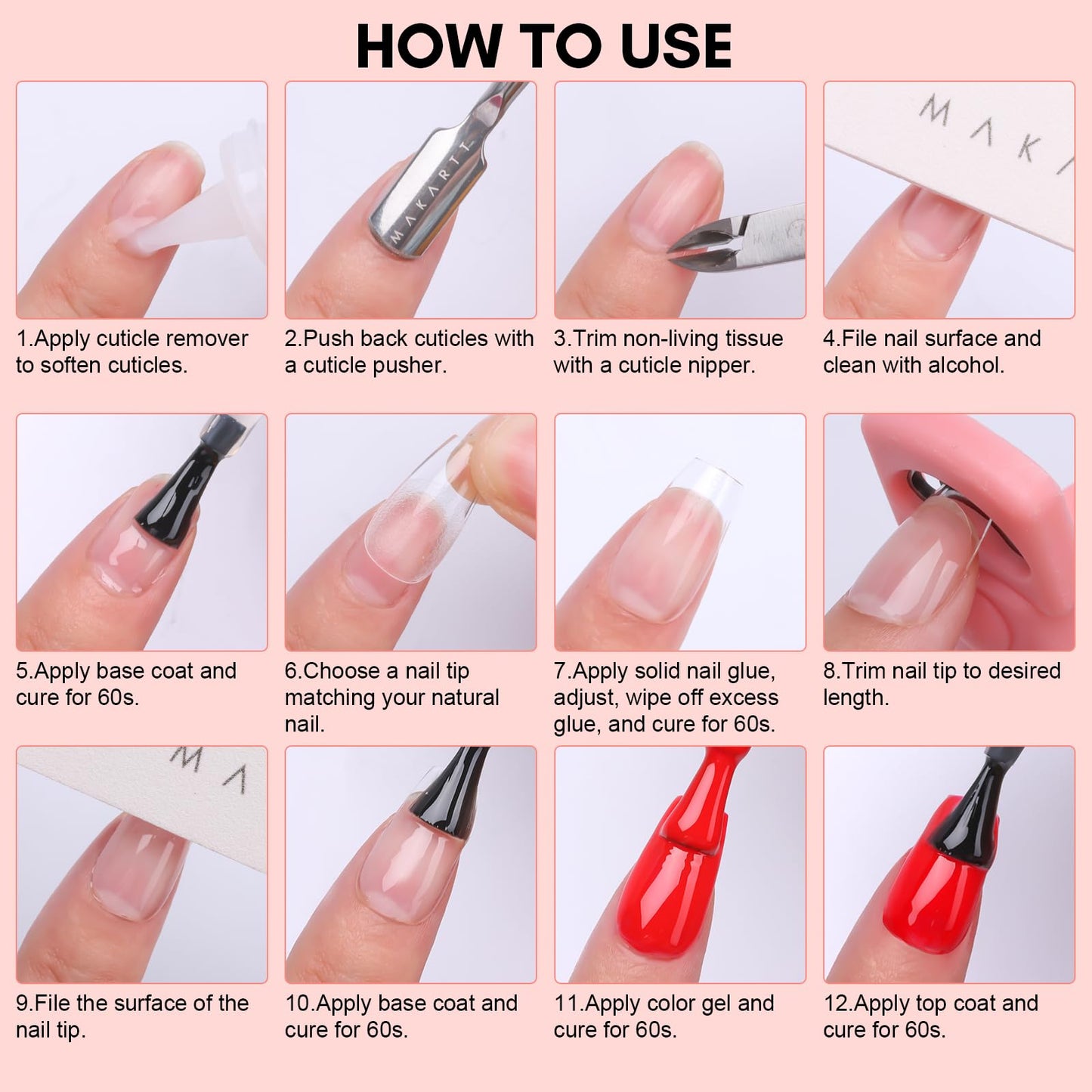 Makartt Nail Glue and Tips Kit: 15ML Solid Gel with Almond & Coffin Pre-Buffed Fake Nails, Portable UV Lamp, Base and Top Coat, Nipper, Cuticle Remover and File for DIY Art Manicure