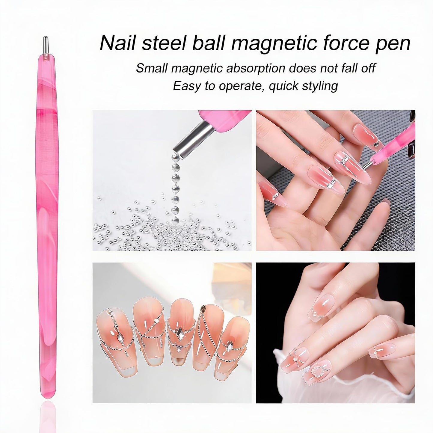 YECIRALA 4 Pcs Pink Nail Art Cat Eye Magnets For Nails, 3 In 1 Heart Nail Magnet Pen And 3 Unique Versatile Cateye Magnet Tool For Nail Art, Heart, Lines & Flower Effect Gel Nail Polish Magnet