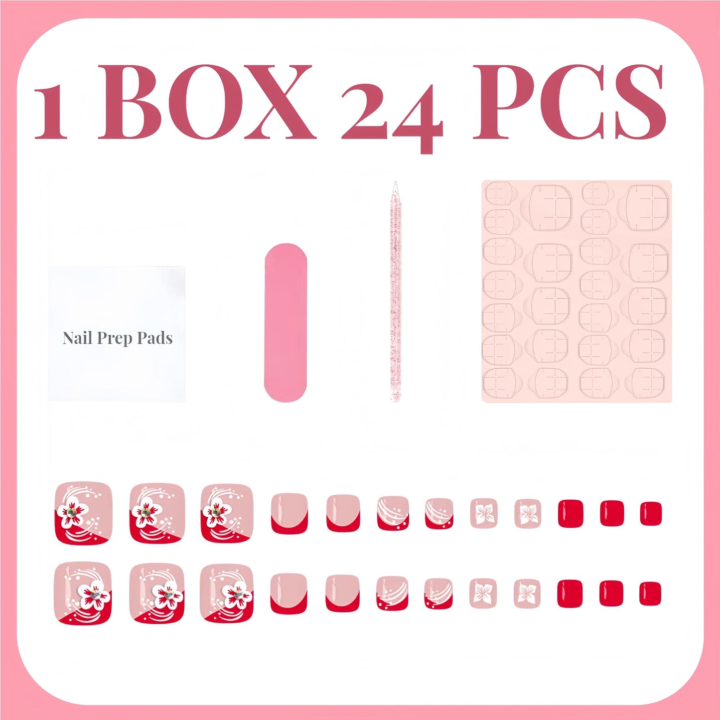 3D Flower Press on Toenails Short Square Fake Toe Nails Hot Pink French Tip Toenail Press ons Glossy Full Cover Stick on Toes Embossed Floral Acrylic Glue on Toenail Kit for Women Manicure 24Pcs