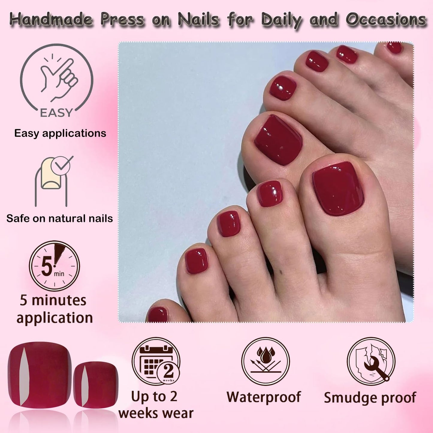 LoveOurHome 120pc Burgundy Press on Toenails Women Fake Toe Nails with Tabs, Wine Red Fake Toenails Press on Toe Nails Glue on Toenail Acrylic Toes Nail Tips Artificial False Toenail for Women