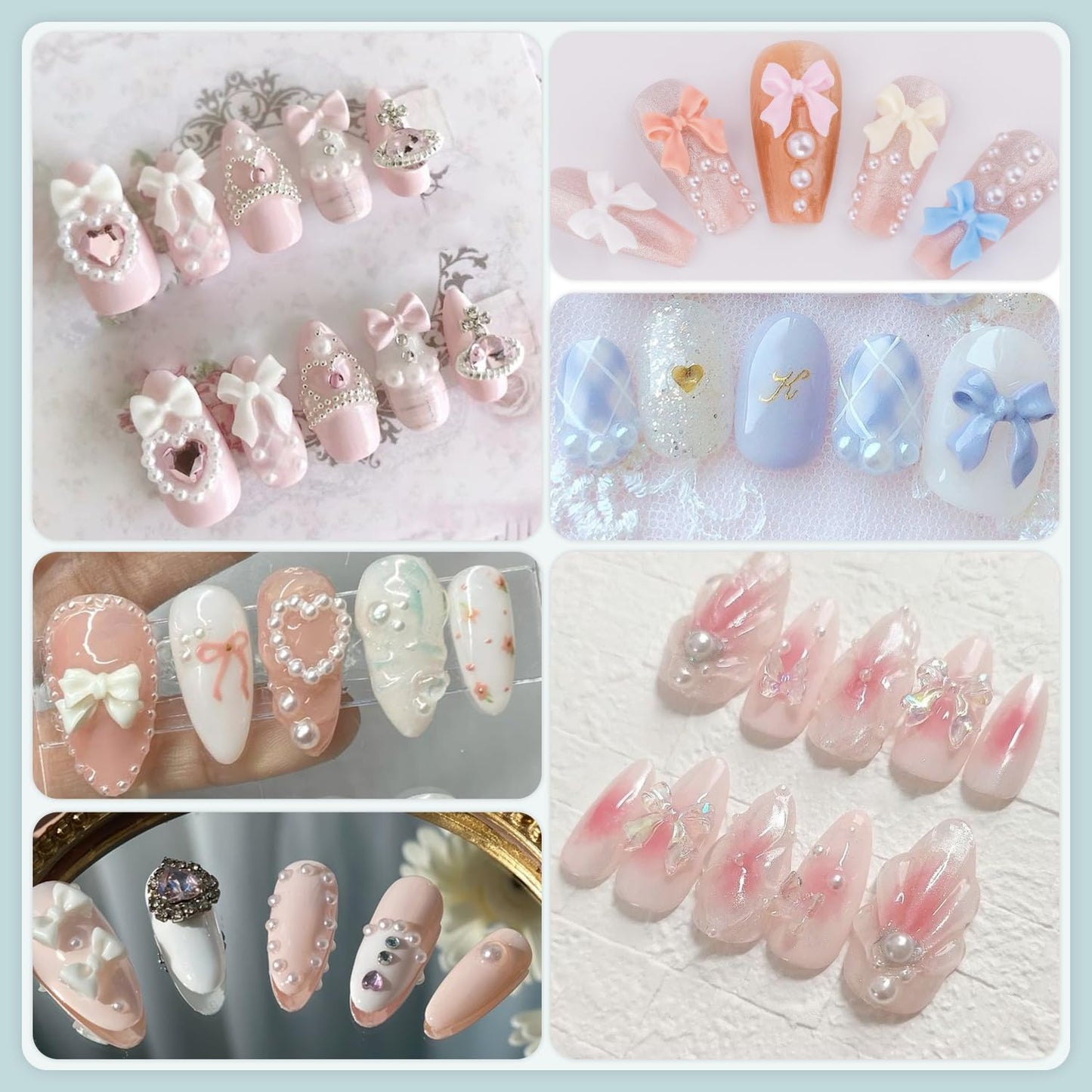 600 Pcs 3D Nail Charms and Flatback Pearls #1, 8 Colors Nail Bows + Pink&White Star Heart Moon Cute Bow Charms + 2-6mm White Pearls for Nail Art Design with Nail Charm Glue(UV Needed) and Pickup Tools