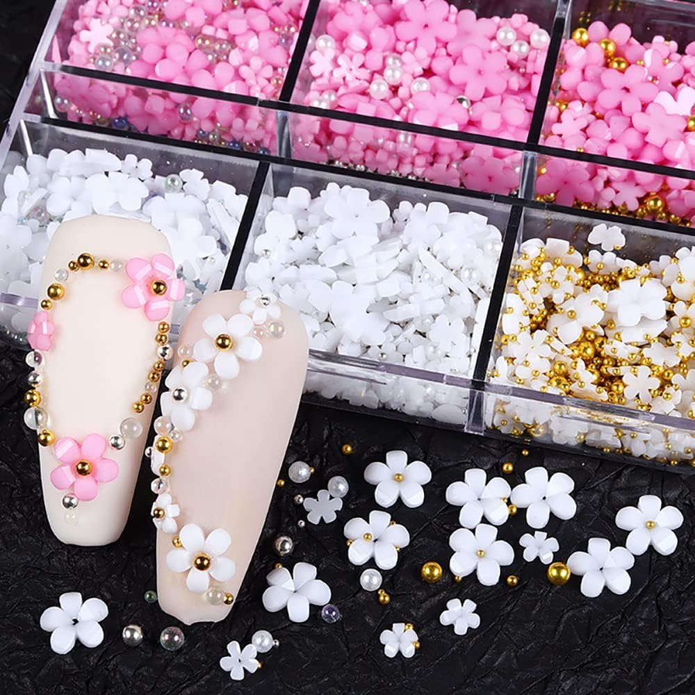 3D Flower Nail Charms, 2 Boxes 3D Acrylic Flower Nail Art Charms and Gems White Pink Mixed Cherry Blossom Spring Rhinestones Acrylic Nail Supplies with Pearls Manicure DIY Nail Decorations