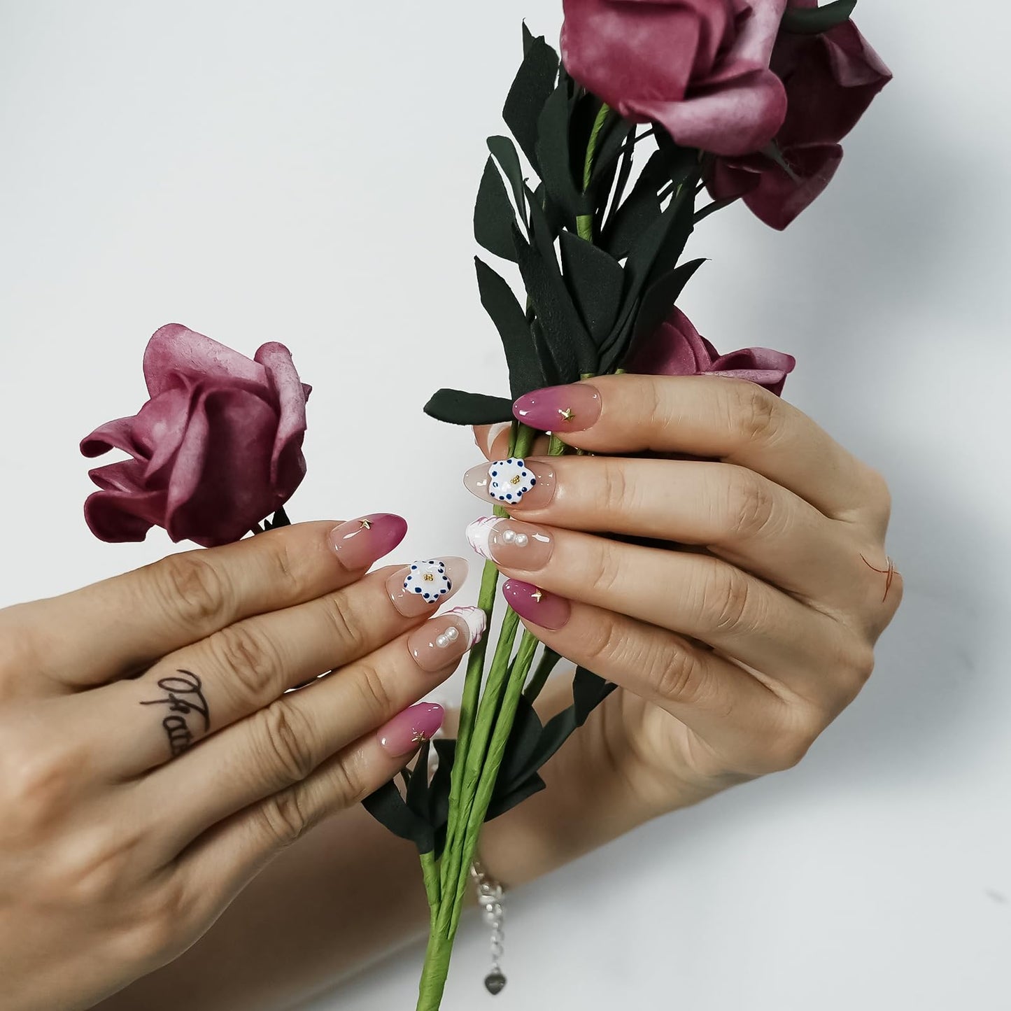 Tesytto Handmade 3D Floral Press on Nails Short Almond - Plum Gradient on a Nude Base, Water Ripple Pearl & Ombre Pink French Tip Holiday Fake Nails (Coral Violeta,M)
