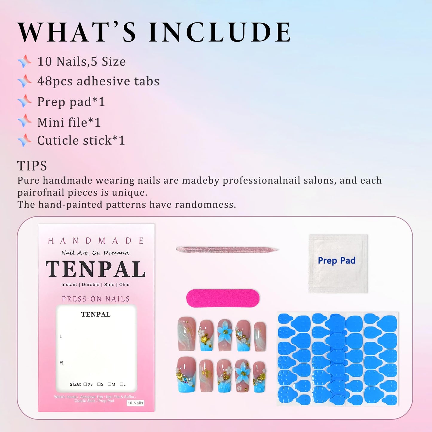 TENPAL Squoval Press on Nails - Blue Pink Ombre with 3D Floral Shell Relief | Reusable Icy Glossy Fake Nails with Tools | Everyday Elegant French Ocean Sky Blue Glue on Nails for Women Girls(S)