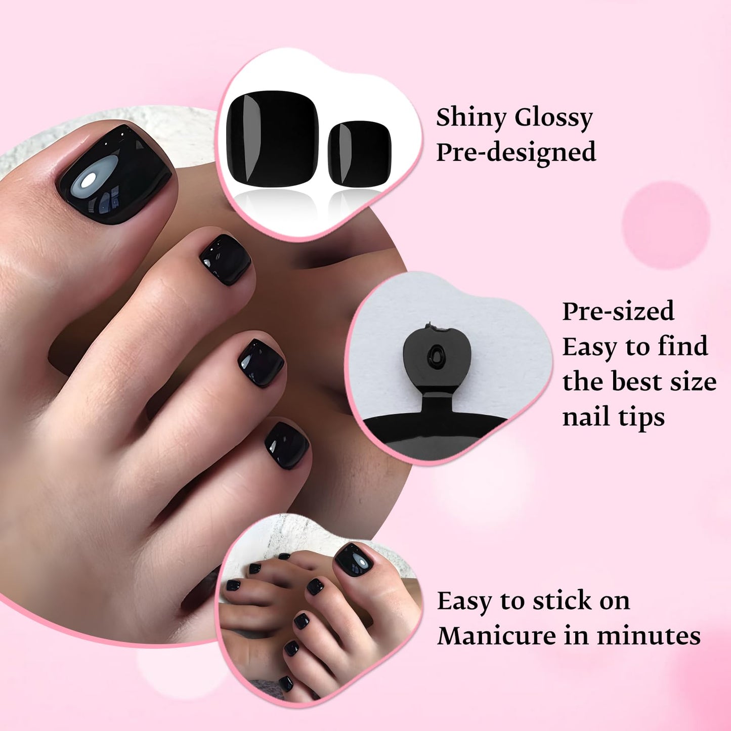 LoveOurHome 120pc Black Press on Toenails Women Fake Toe Nails with Glue Tabs, Black Fake Toenails Press on Toe Nails Glue on Toenail Acrylic Toes Nail Tips Artificial False Toenail for Women Girls