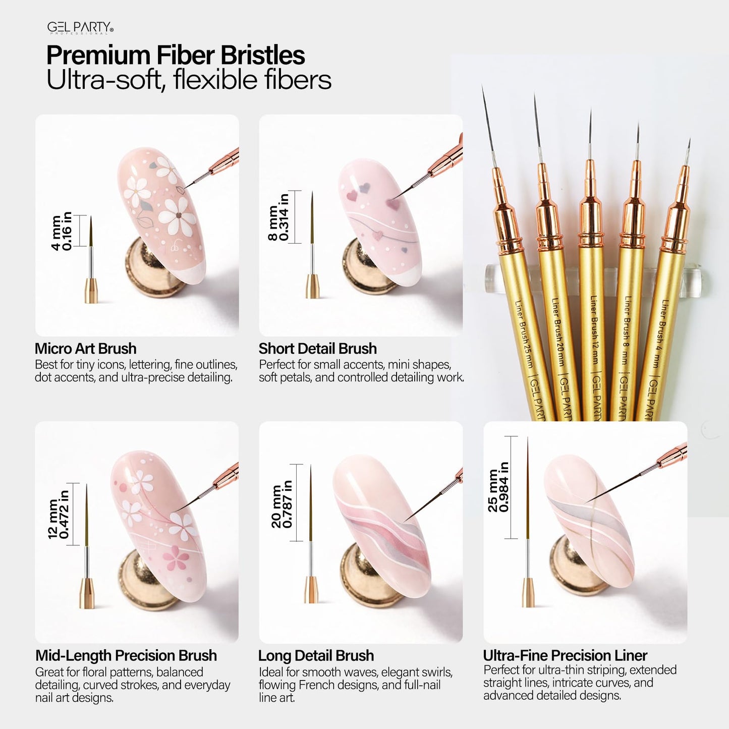 GELPARTY 7Pcs Gold Nail Art Brush Set - Professional Ultra-Fine Liner & Detail Brushes for Gel Polish & Acrylic Nails - Includes Agate Stone Palette & Brush Holder - Manicure Drawing Tool Kit