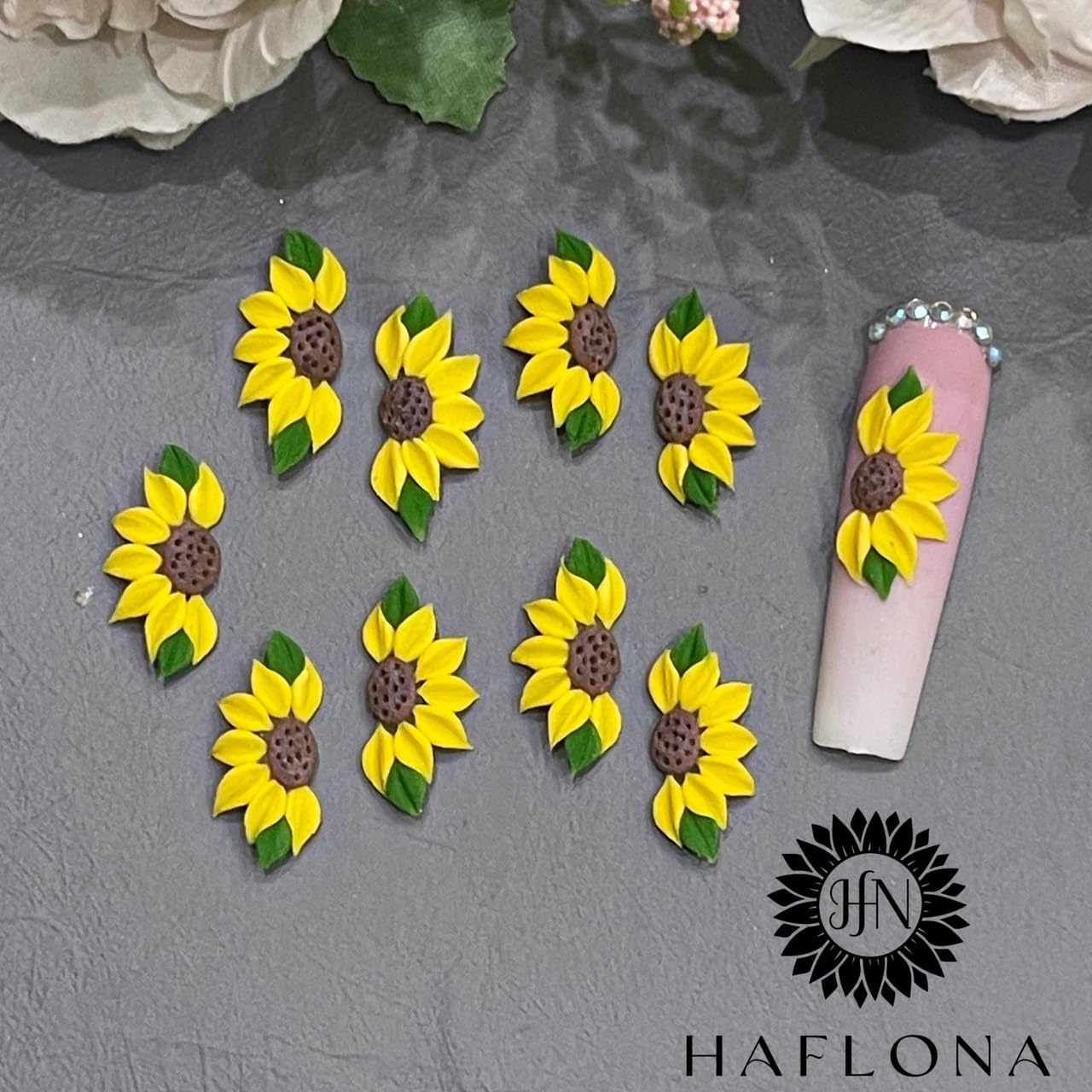 Set 10Pcs 3D Sunflowers Flower -Nail Art Charms Handmade by Acrylic Powder Design Floral Salon Decor,3D -Flowers -Nails -Charms For Women Girls (Half Sunflower 1# 10PCs)