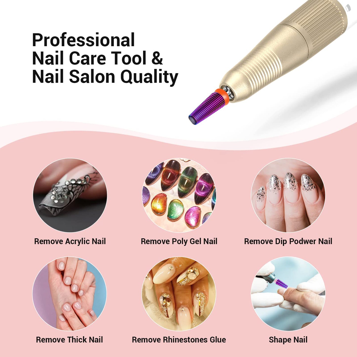 MelodySusie Professional 5 in 1 Nail Drill Bits, 3/32'' Carbide Tungsten Multi-function Bits, Suitable for Manicure Pedicure Cuticle Gel Polishing, Technicians Bits, Purple, Series Bit-M, Fine