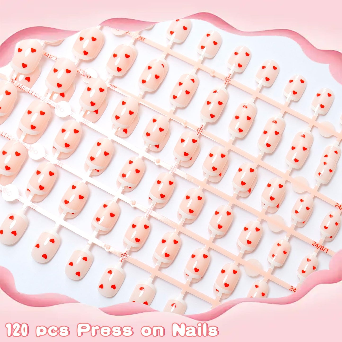 SIUSIO 120pcs 5 Pack Children Acrylic Fake Nails Press on Full Cover Short False Nail Art Kits Set Surprise Gift for Kids Little Girls Women - Red Tiny Hearts