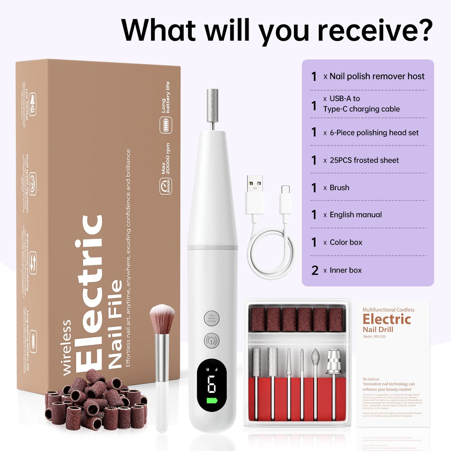 Electric Nail Drill Kit, Electric Nail File Cordless Nail Drill Machine for Acrylic Gel Dip Powder Nails, Professional Portable Manicure Pedicure Rechargeable Lightweight for Home Salon Use