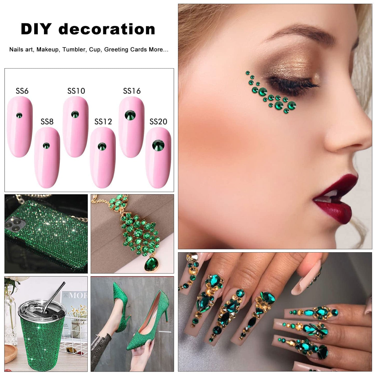 Meibite Green Glass Flatback Rhinestones for Nails, Crafts & Clothes – 4240PCS 6 Sizes (SS6–SS20) Crystal Gems Kit with Tweezers & Picker, Non Hotfix DIY Rhinestones for Tumblers, Shoes, Nail Art