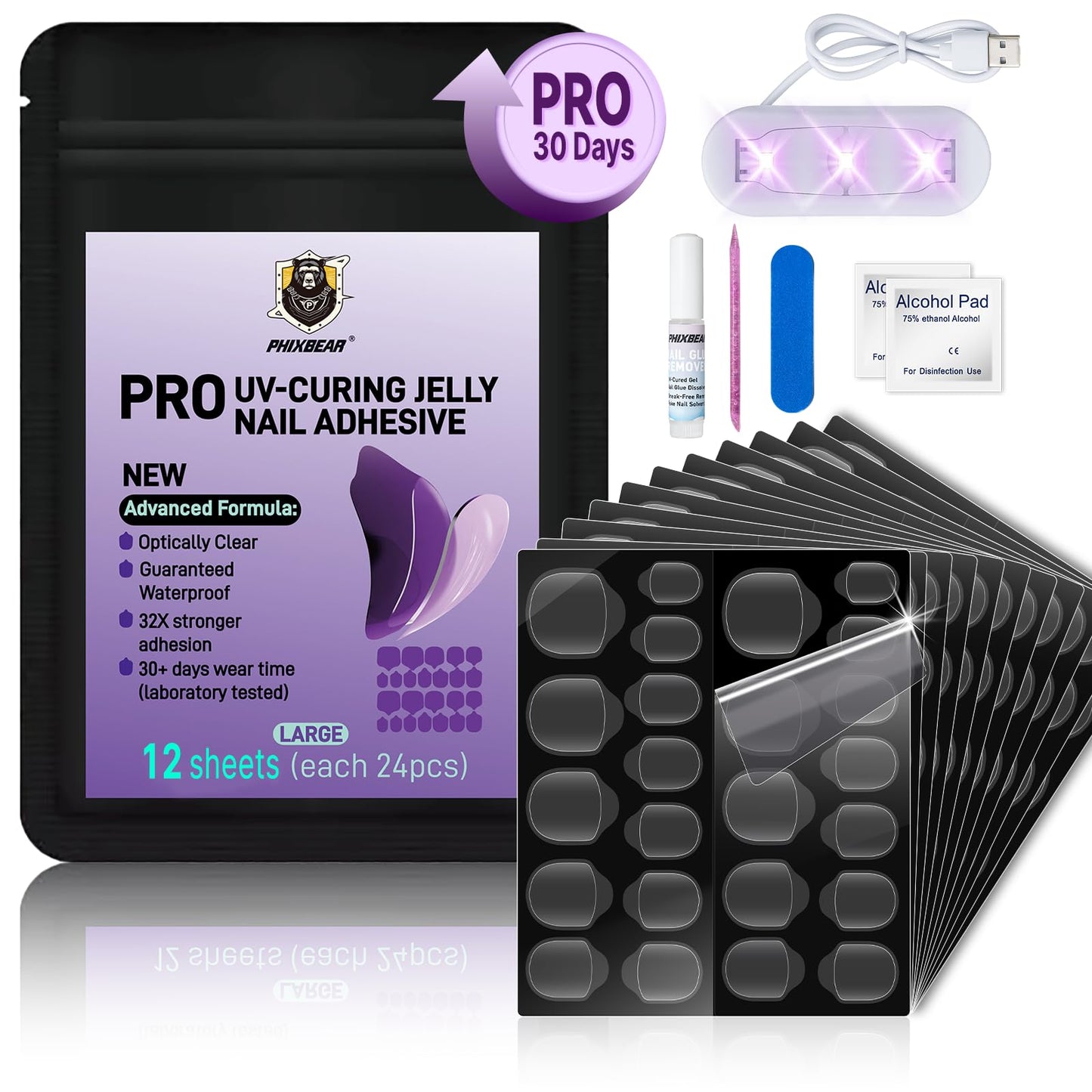 PHIXBEAR PRO UV Jelly Nail Adhesive Tabs Glue Stickers (288pcs), 32X Strong UV Nail Glue for Press Ons, Waterproof Super Sticky Long Lasting, Large 12 Size Easy Remove