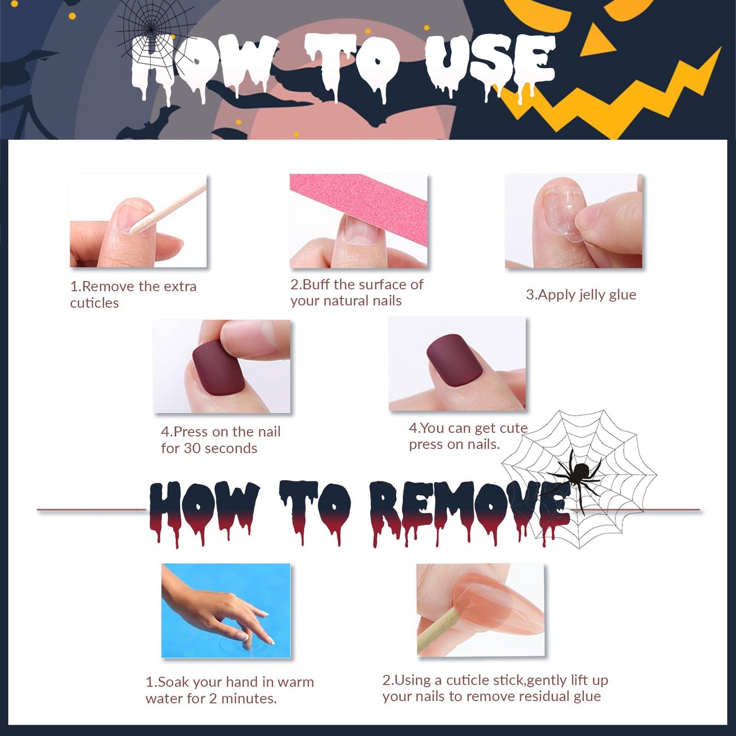 Halloween Press on Nails Long Coffin Fake Nails with Designs Spider Cobweb Ghost Pumpkin Glue on Nails Black French Tip False Nail Stick on Nail for Women Girls 24Pcs