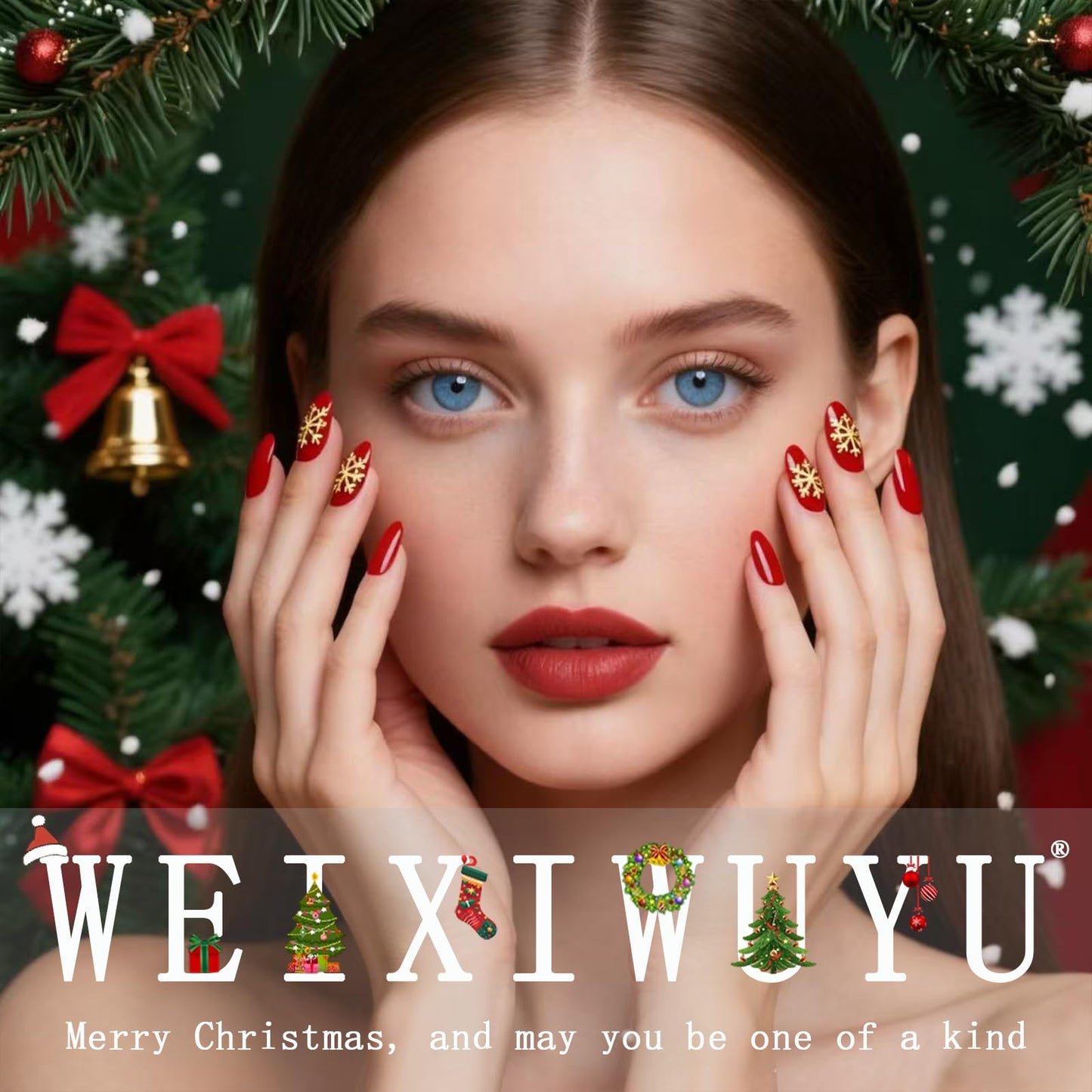 WEIXIWUYU Christmas French Tips Press on Nails Short Almond Fake Nails with Red Green White Rhinestones Designs Full Cover Red Green French Acrylic Nails for Women Girls Manicure Decoration 24Pcs