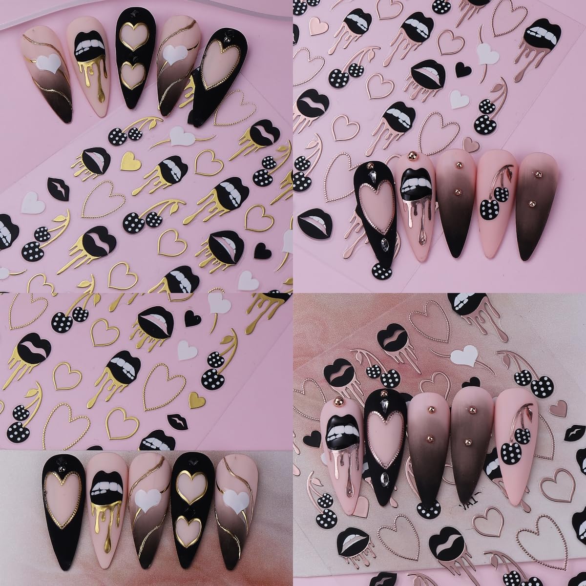 6 Sheets Black Lips Nail Stickers Valentines Nail Decals Self-Adhesive Rose Gold Heart Cherry Sexy Lips Nail Design Hollow Heart Nails Supplies DIY Manicure Accessories for Women Nails Decorations
