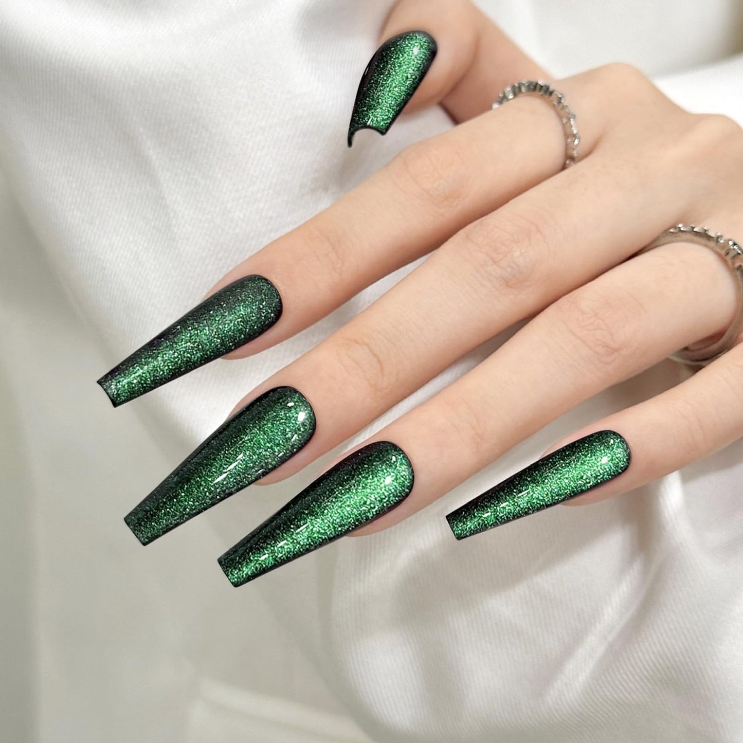 Dark Green Cat Eyes Press On Nails,12 Sizes - 24 Pcs Soft Gel Green Long Coffin Fake Nails Kit with Nail Glue, Natural Reusable Stick On False Nails for Women and Girls SK1042