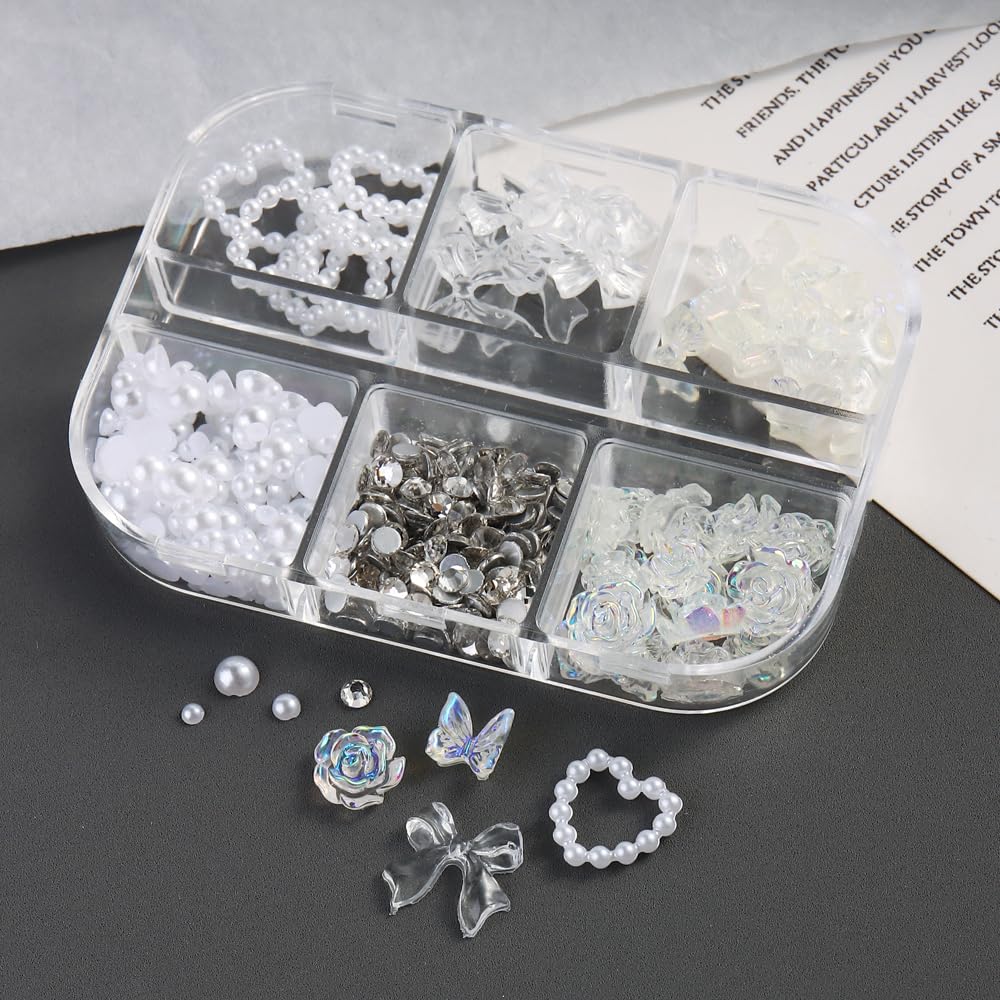 3D Multi Shapes Nail Charms, Aurora Rose Camellia Butterfly Acrylic Flower Clear Bow-Knot White Heart Flatback Pearls Nail Decoration Jewelry DIY Crafts Y2K Nail Art Accessories