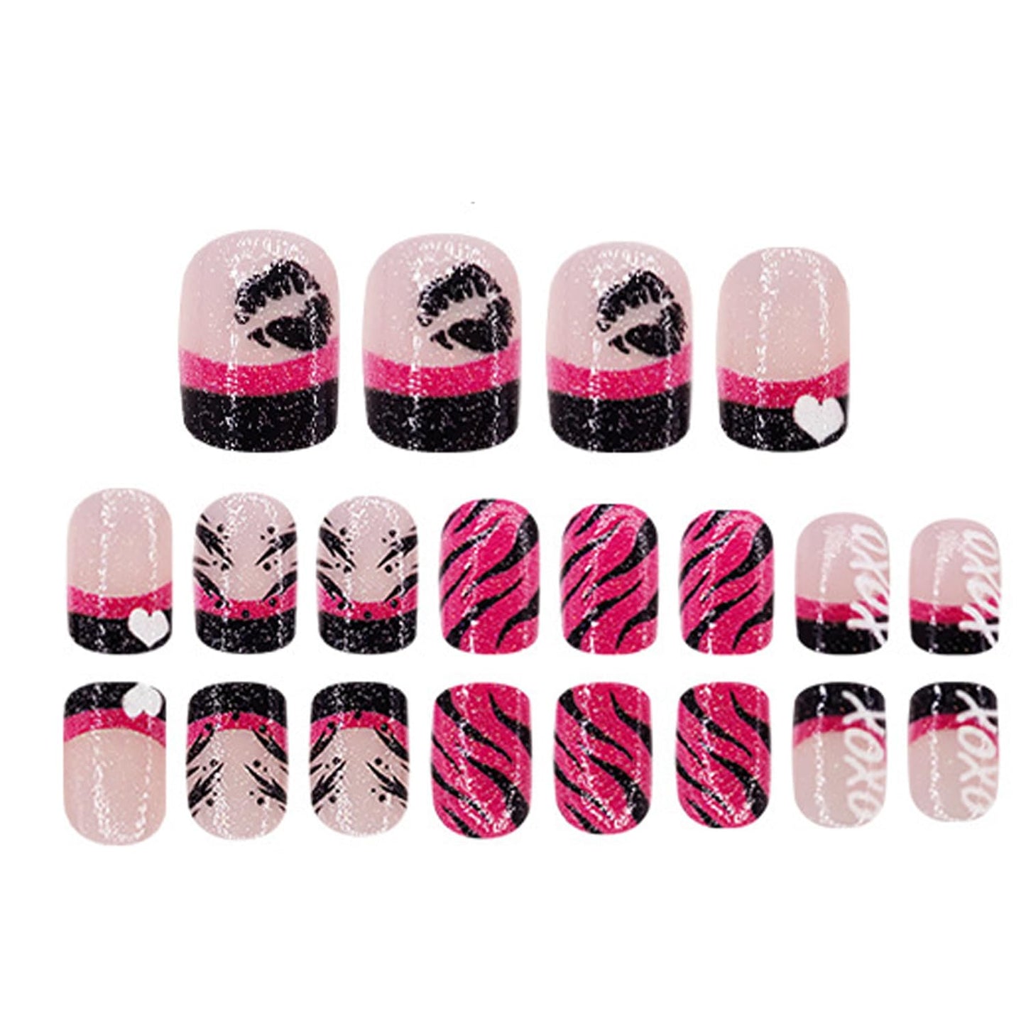 Valentine's Press on Nails French Love Short Fake Nails with Letter Lip Print Glitter Design Heart Nails Square Full Cover Artificial False Nails Glue on Nail Valentine Fashion Manicure for Women