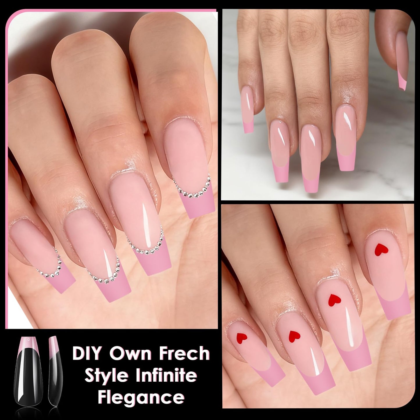 Bellelfin Pink French Tip Press on nails Long Coffin Fake Nails, 120PCS Coffin Nail Tips Long French Tip Nails, Clear Acrylic Nail Press on Full Cover False Nail