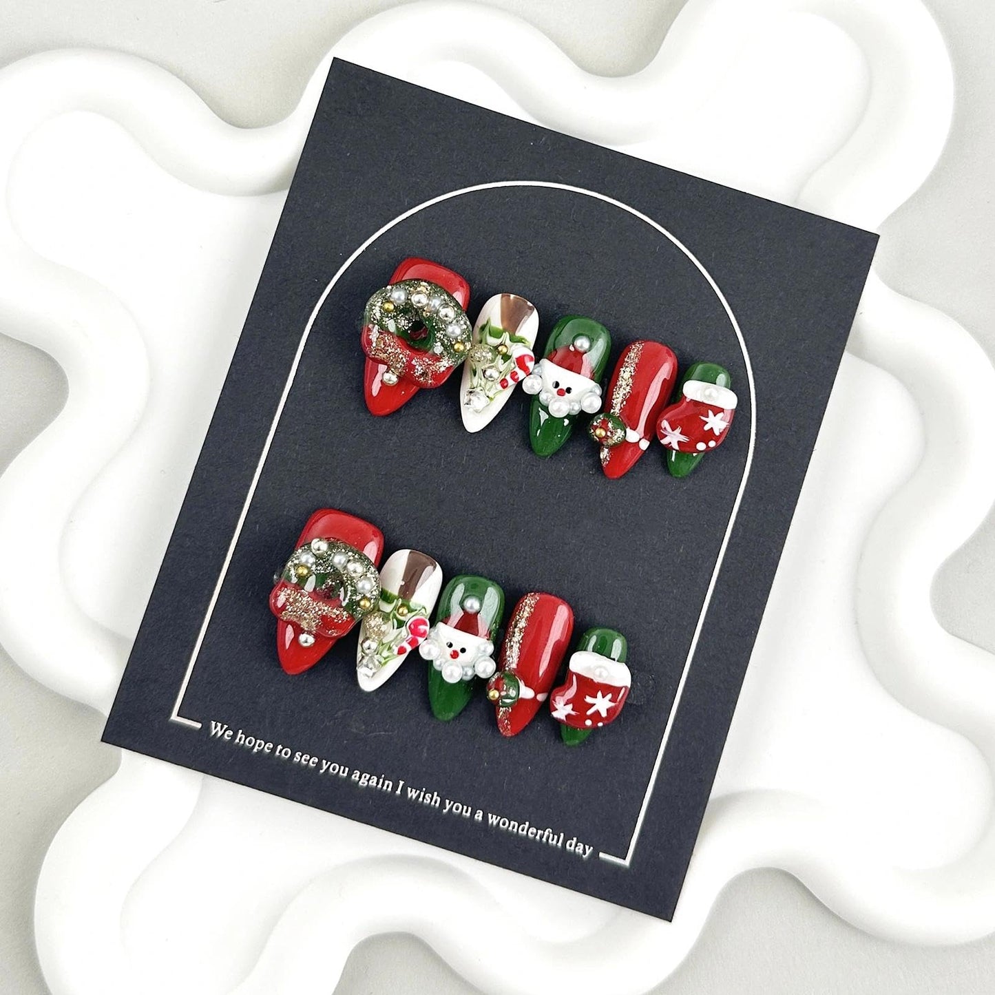 Handmade 3D Christmas Red-Green 3D Element Stiletto Press On Nails, Playful Rhinestone Festive Artisan Nails Set, Reusable Glossy Press-ons with Tool Kit (M)