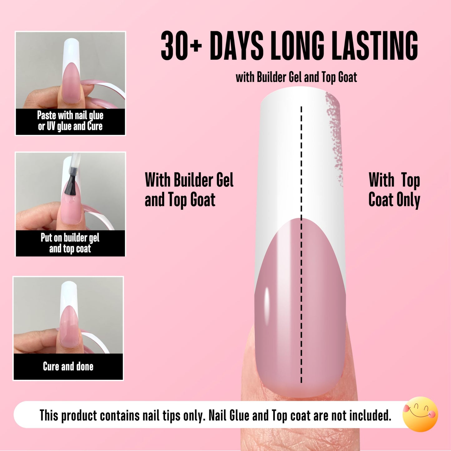 NOVO OVO XXL Curved Square White French Tip False Nail Tips Press on, BERRY PINK Full Cover Extra Thick Long XL Acrylic Hawk Curve Fake Extension Kit, Need Top Coat for Salon DIY 12 Sizes 144 pcs