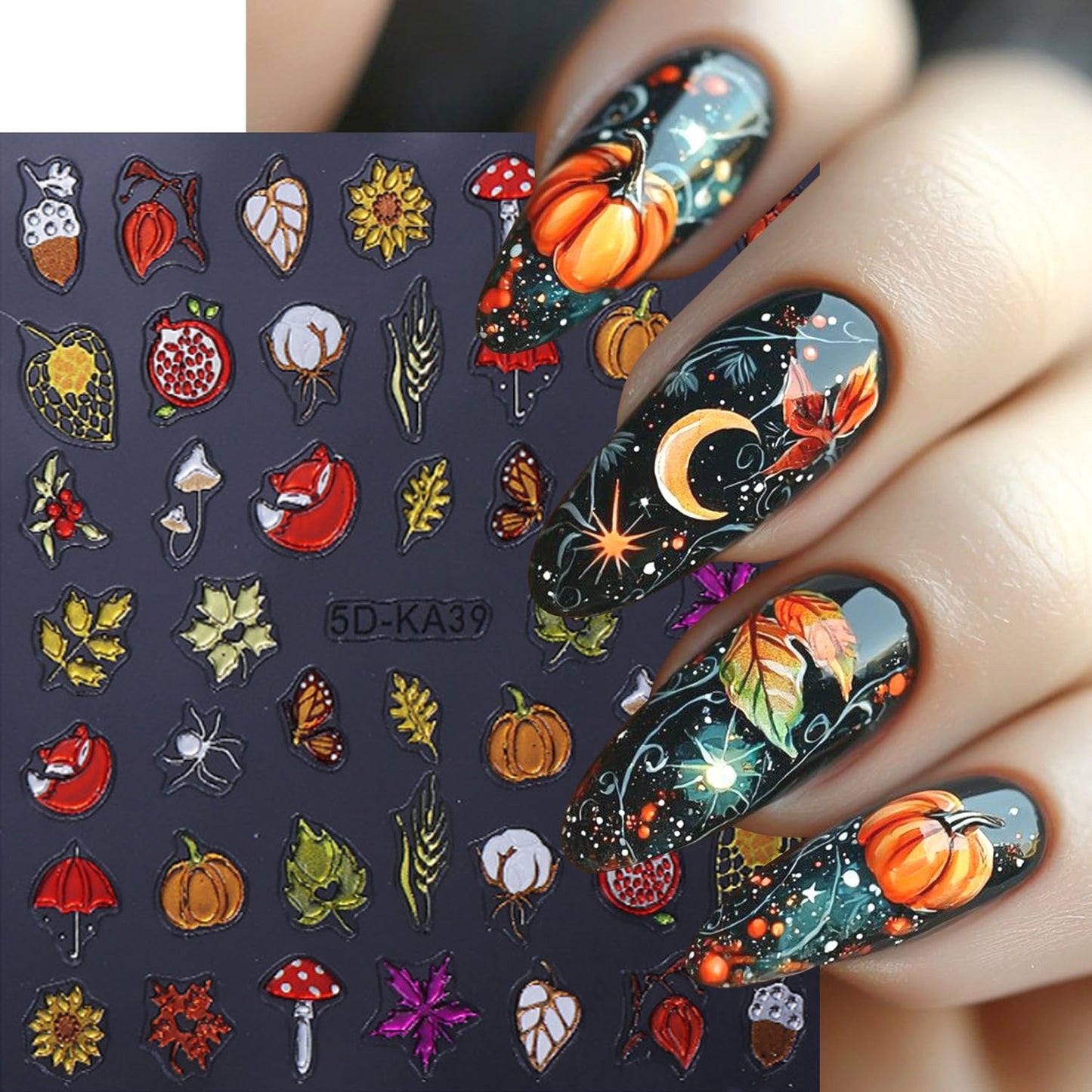 2Sheet Thanksgiving Nail Art Stickers 5D Embossed Autumn Maple Leaves Pumpkin Designs Nail Decals Self-Adhesive Fall Fruit Fox Nail Sticker Butterfly Mushroom Nail Decal for Women Nails Decor Supplies