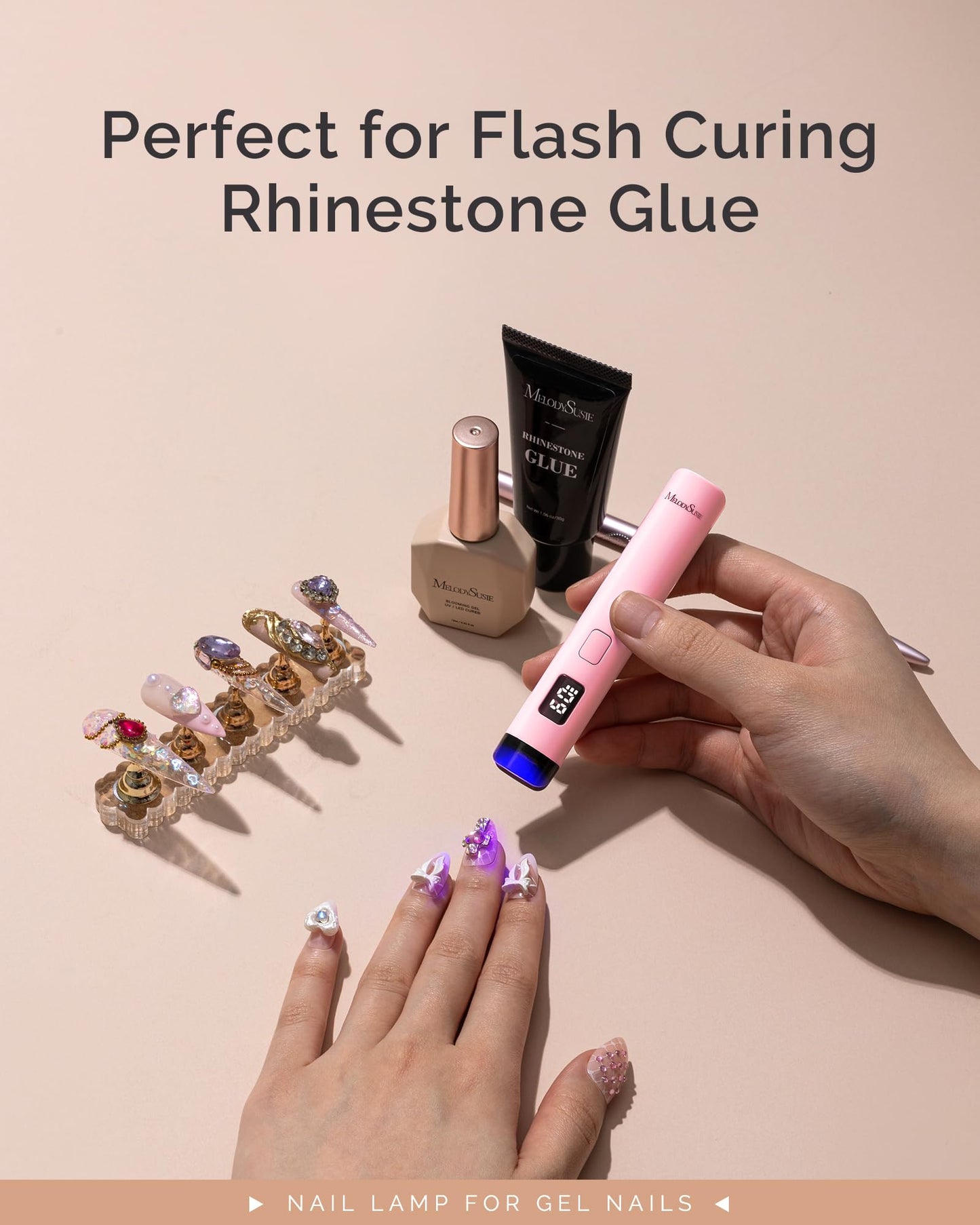 MelodySusie Handheld Cordless UV Nail Lamp with LCD Display & Eye-Protection Cover, P-Art01R Rechargeable Mini UV LED Light Flash Cures All Soft Gels, Especially Rhinestone Glue & Liner Gel Pink