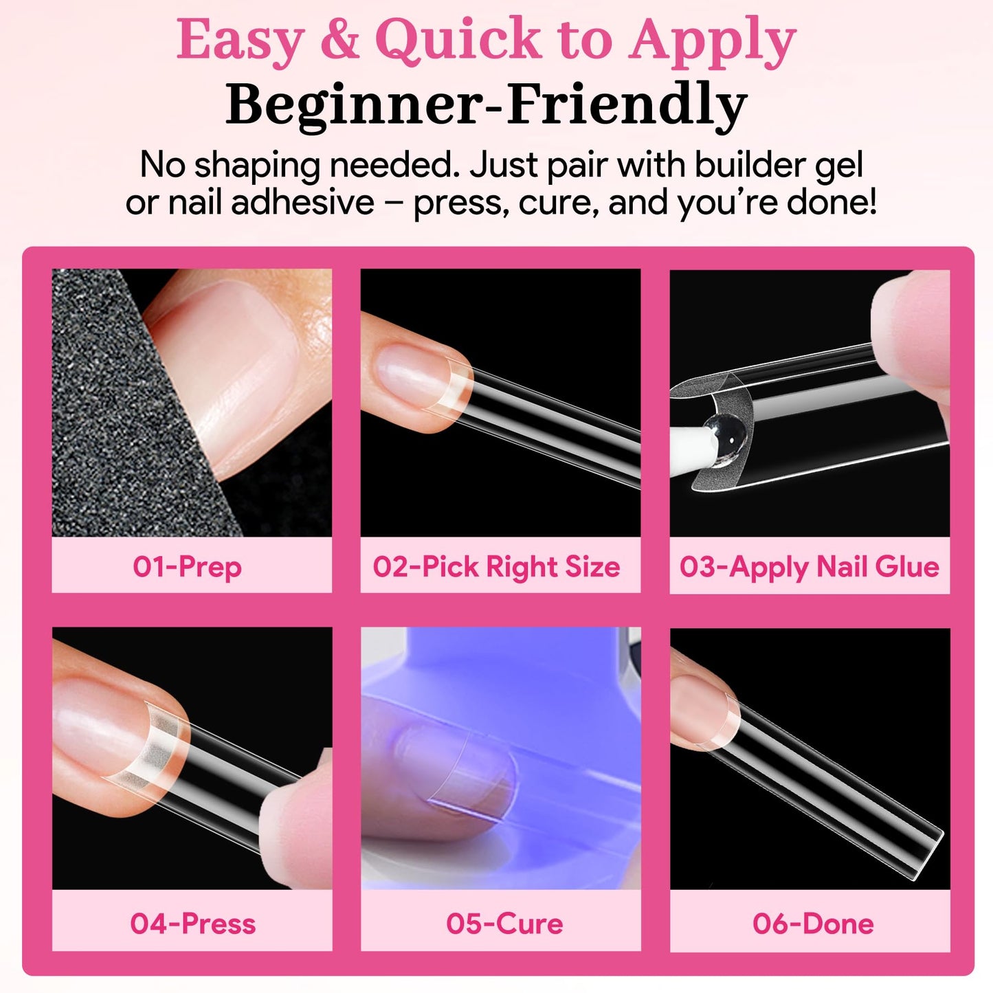 Qiek 480pcs Extra Long Square Half Cover Nail Tips, No-File Pre-Buffed Extension Nail Tip, 12 Sizes Clear Acrylic Press On Tips, Thin Back No C Curve for DIY Nail Extensions & Home Salon Beginners