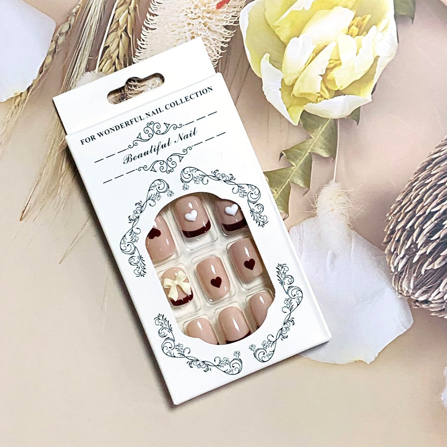 FIEONCIY Press on Nails Short Square Shaped Glossy Full Cover Acrylic Extra Short Square False Nails with Love Heart Designs Artificial Fake Nails Glue Stick ons Fingernails for Women Girls(JP2943)