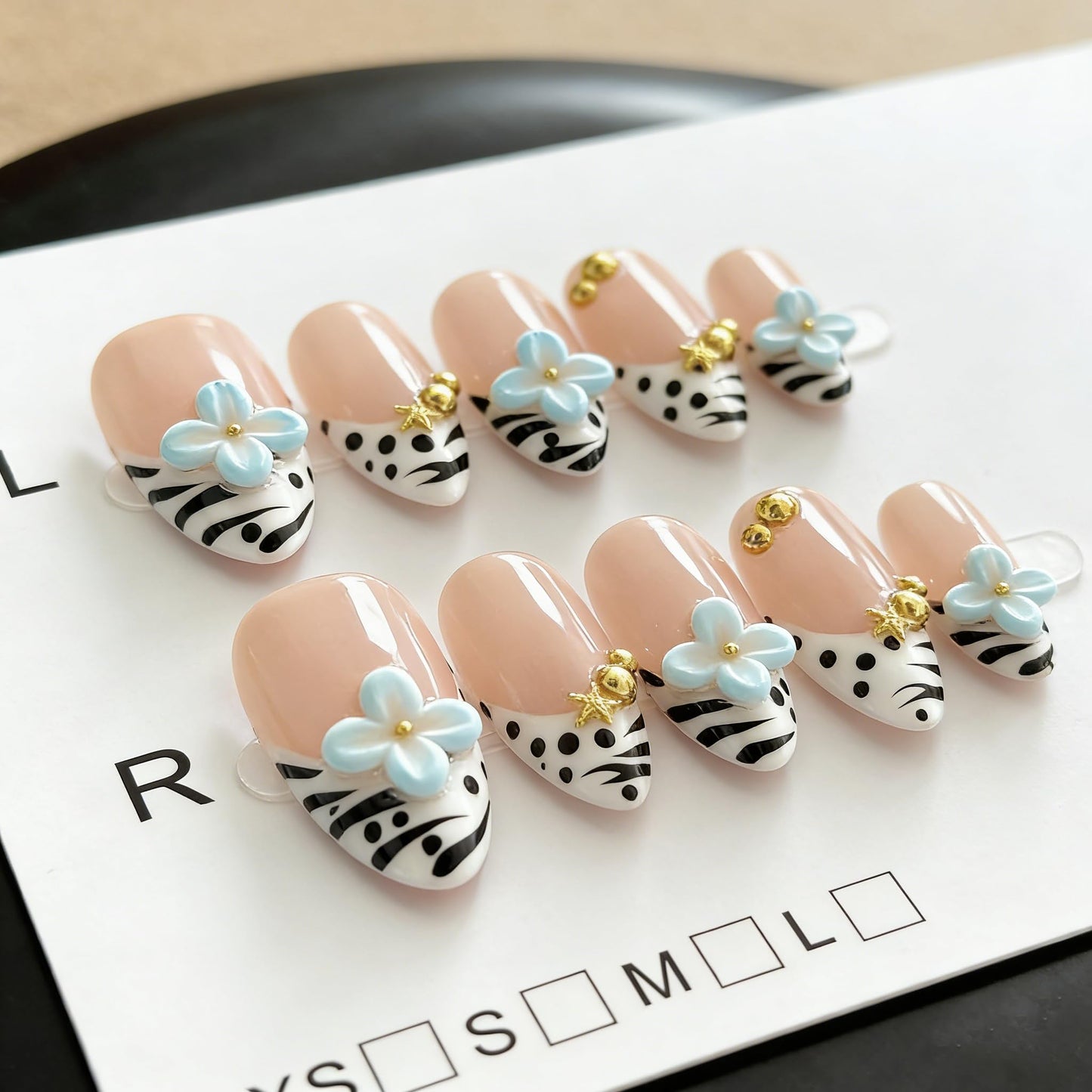 Handmade Press on Nails Almond French Tips with 3D Blue Flowers, Gold Charms and Zebra Print, Glossy Finish 10 Count M Size