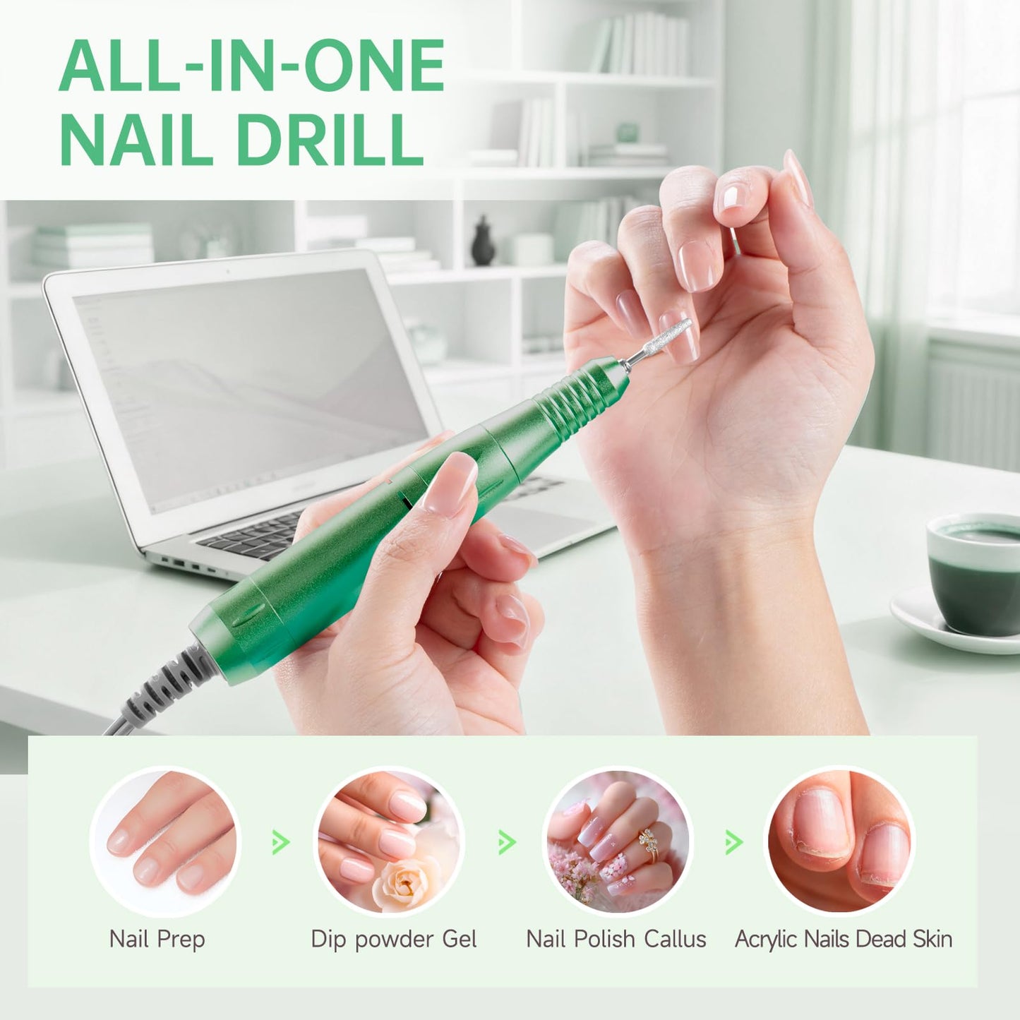Nail Drill, Professional 45000RPM Rechargeable Electric Nail File with 11 Drill Bits & 50 Sanding Bands, Low Noise Nail Drill Kit for Acrylic Gel Nails, Salon & Home Use, Soft Green