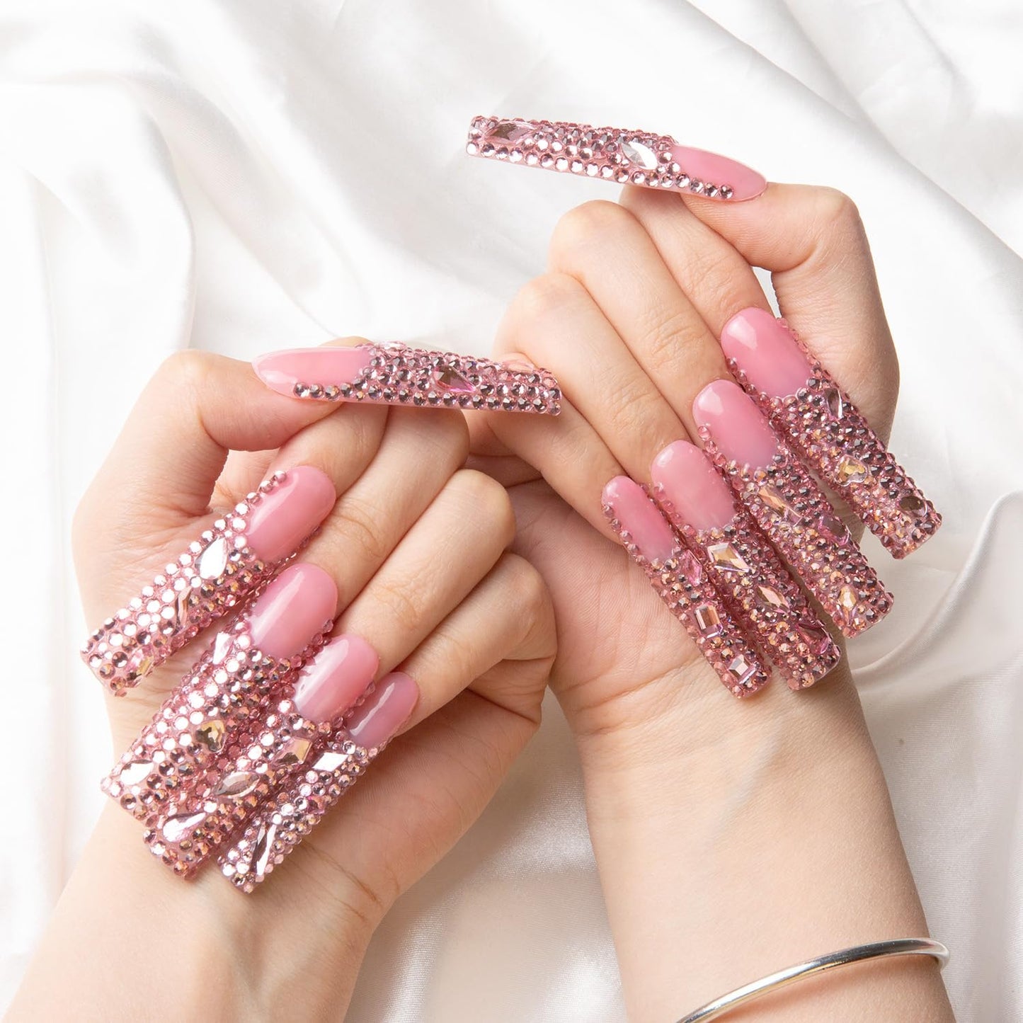 LOVFUL Press on Nails Pink French Tip Rhinestone | Handmade with Full Covered Crystals | Reusable Fake Nails | Square Long 2.2 in | H27-M