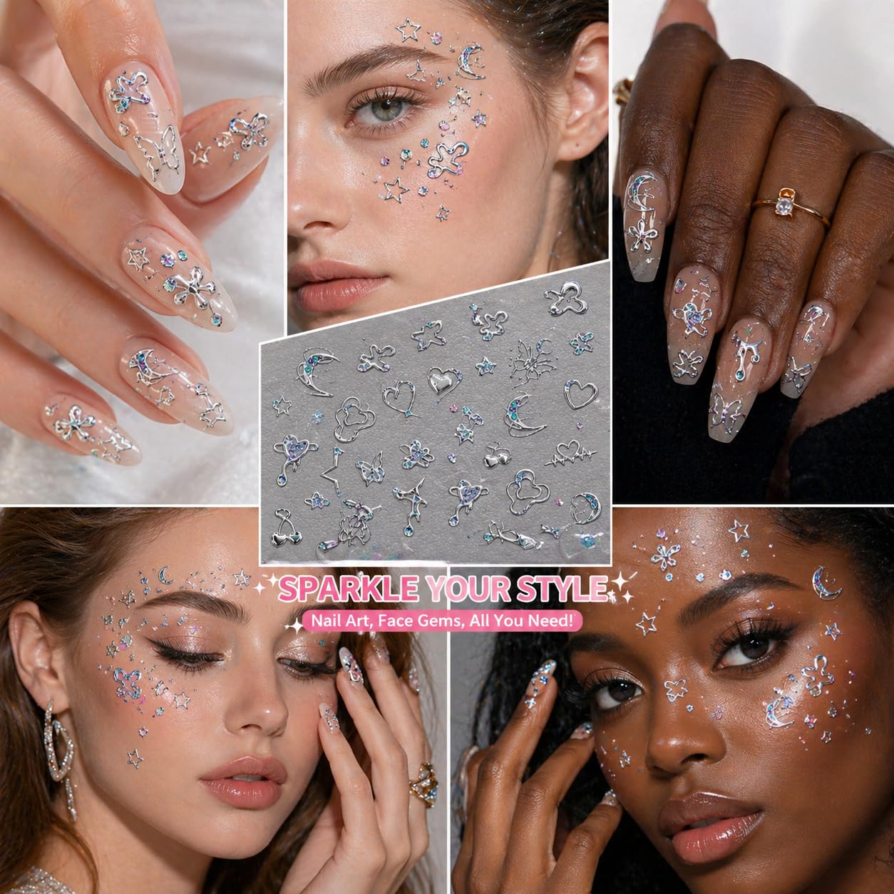 5D Embossed Silver Y2K Nail Art Stickers, Heart Star Moon Nail Decals with Rhinestone Accents, Self-Adhesive Celestial Nail Decorations for Acrylic Gel Nails, DIY Manicure Supplies for Women (1 Sheet)
