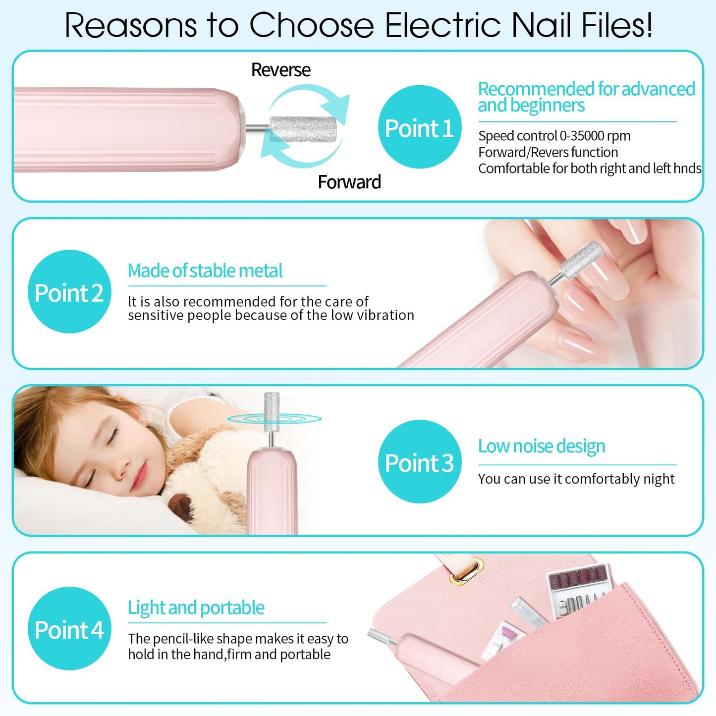 Electric Nail Drill, Professional Manicure Pedicure Kit, Cordless Electric Nail File Set, Rechargeable Pedicure Tools for feet, 3 Speeds Hand Foot Care Nail Drill for Thick Nail Toenail Cuticle