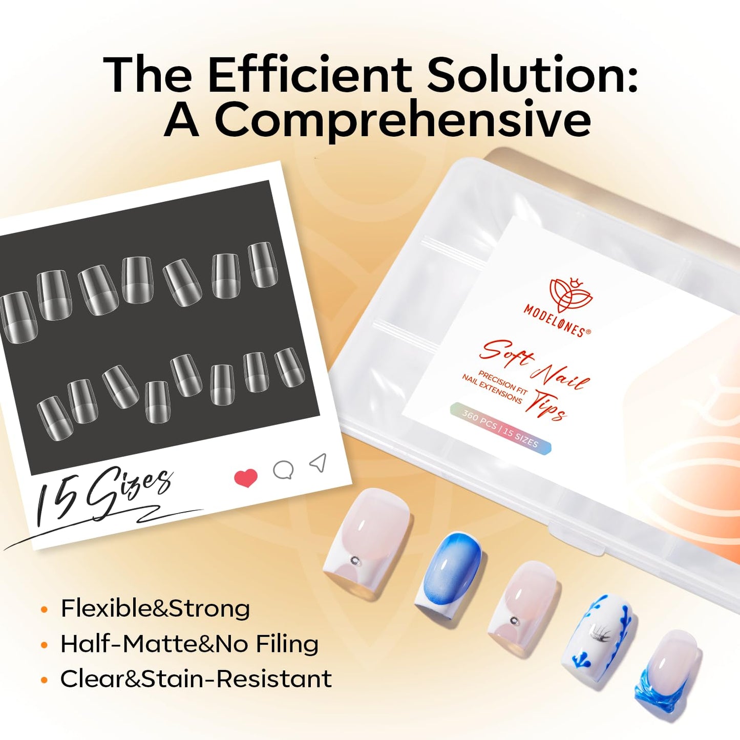 modelones Short Square Nail Tips, 360pcs Pre-etched Clear Fake Nails Press On Full Cover Half Matte 15 Sizes Acrylic Gel Tips for Extension Salon