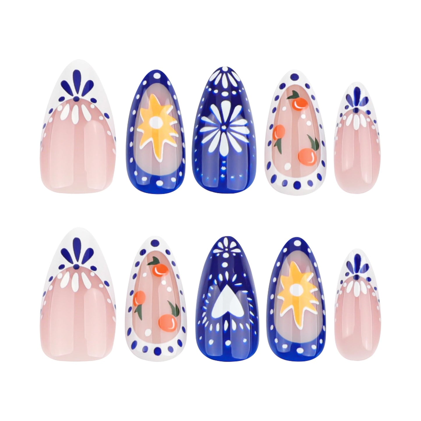ORZOLATENT Boho Floral Tips Press-On Nails β Hand-Painted Blue & White Floral, Cherry Design, Long-Lasting Gel, Easy DIY