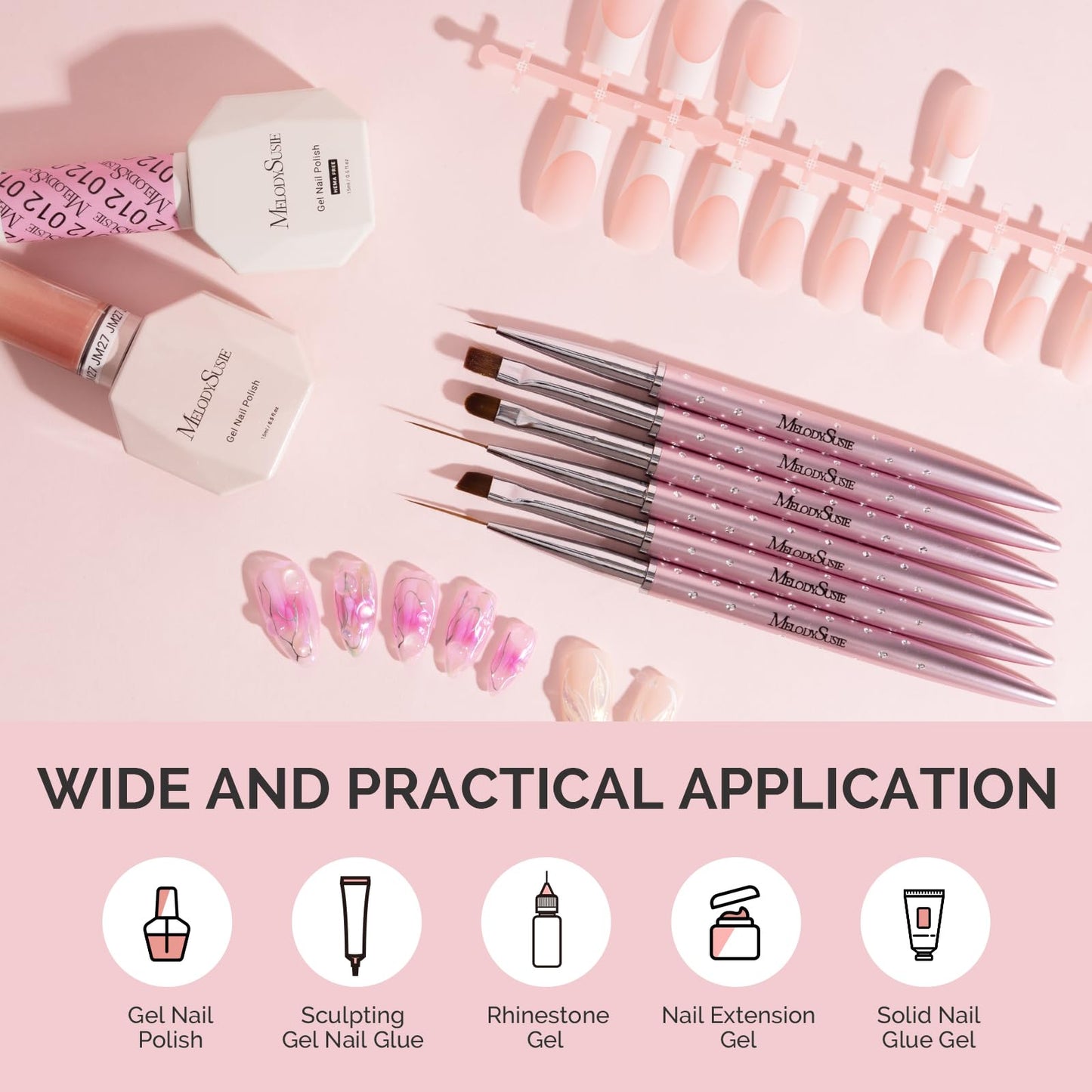MelodySusie 6pcs Nail Art Brushes Set, Professional Pen Nail Gel Brush, Nail Extension and Builder Brush, Liner Brush 3 Sizes, Fashion Design for Home DIY Salon Use, Rose Gold
