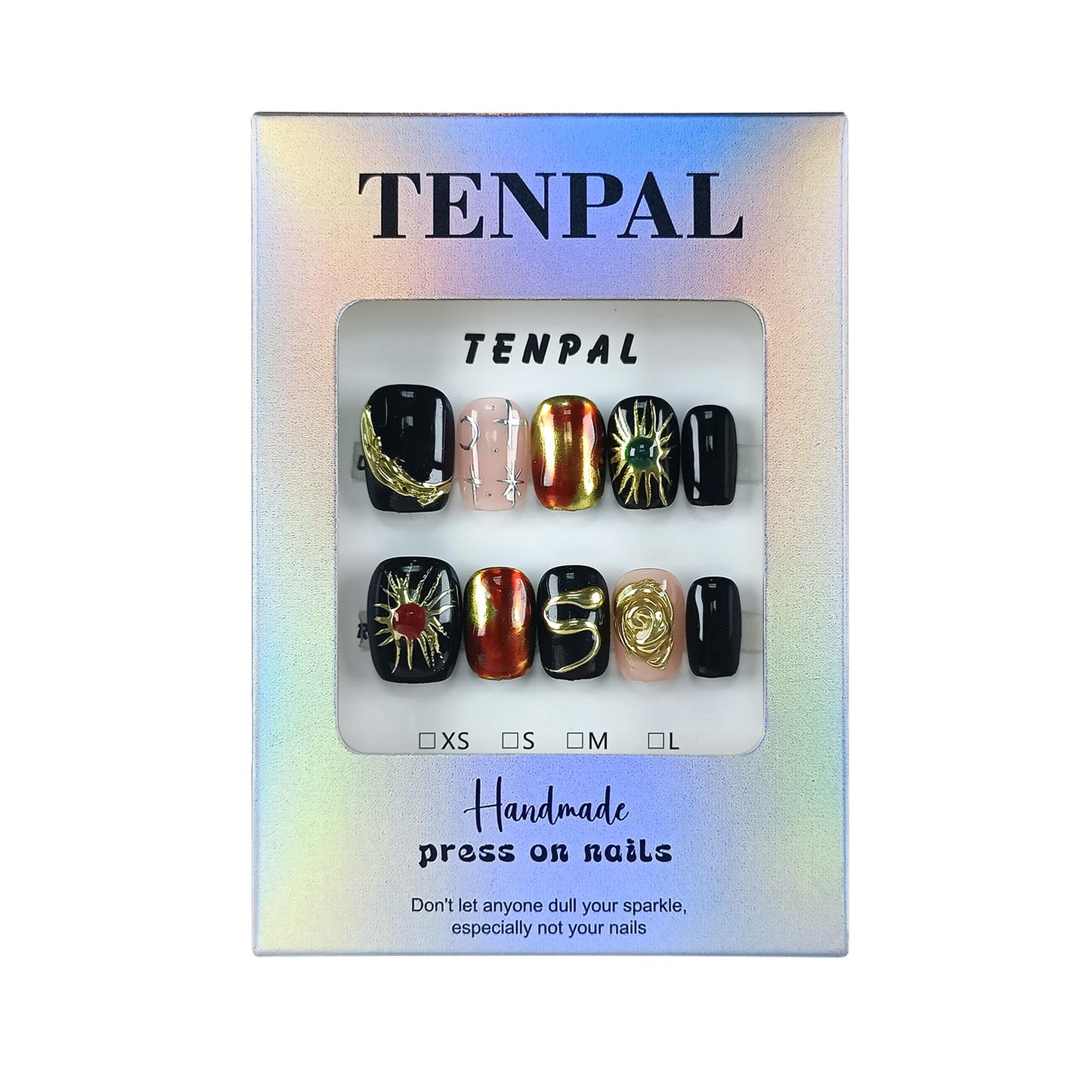 TENPAL Handmade Press on Nails Short Square,Glossy Black Nails with Hand-Painted Space Art (Sun/Moon/Crater) & 3D Serpent, Acrylic Soft Gel Winter Gothic Fake Nails For Women Girls,10pcs(XS)