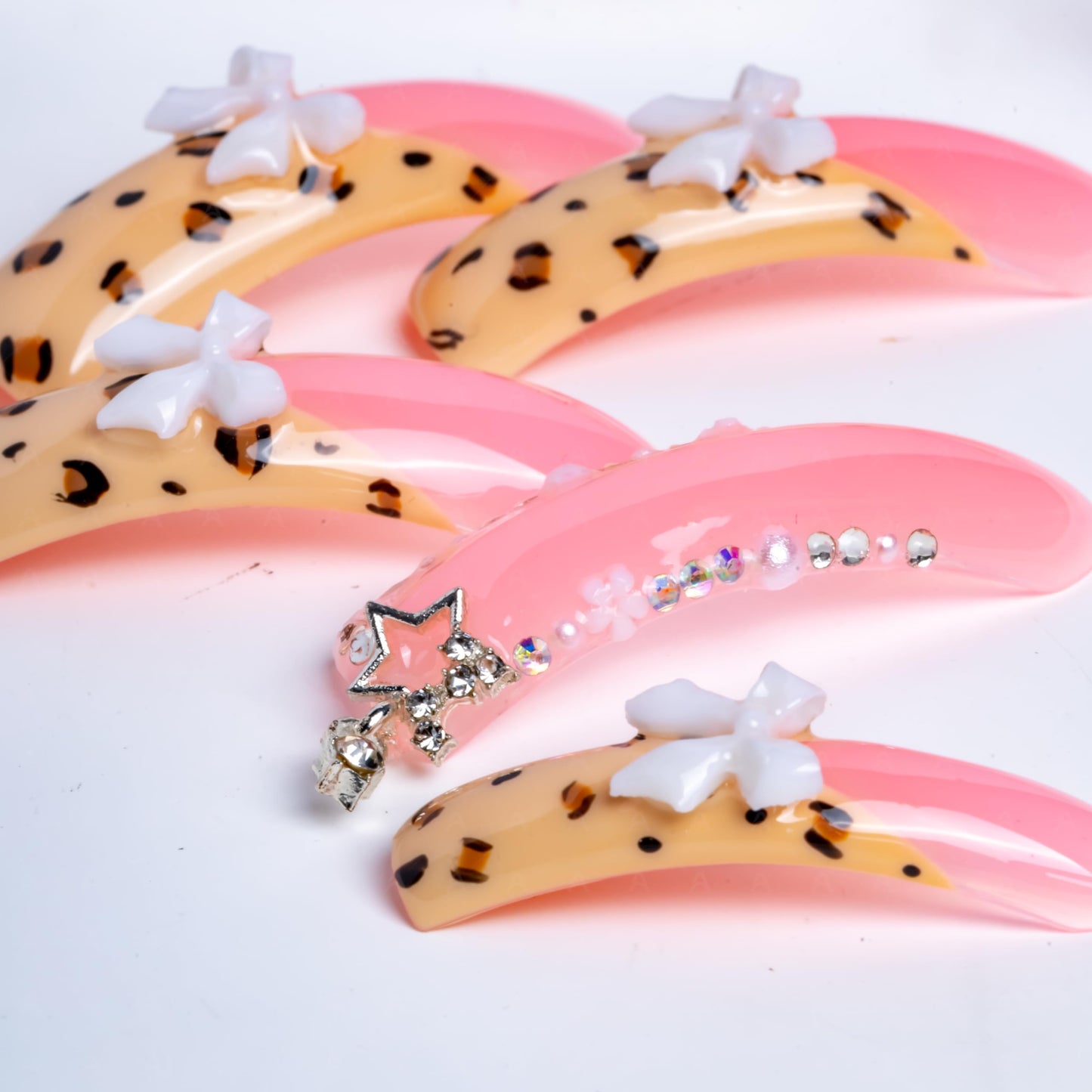 IntoVibes 10 Pieces Handmade Luxury Long Press On Nails With Curved Design, Bowknot And Leopard Prints, Pink Thickened False Nails, Reusable Fake Nails, Square Acrylic Nails (L)