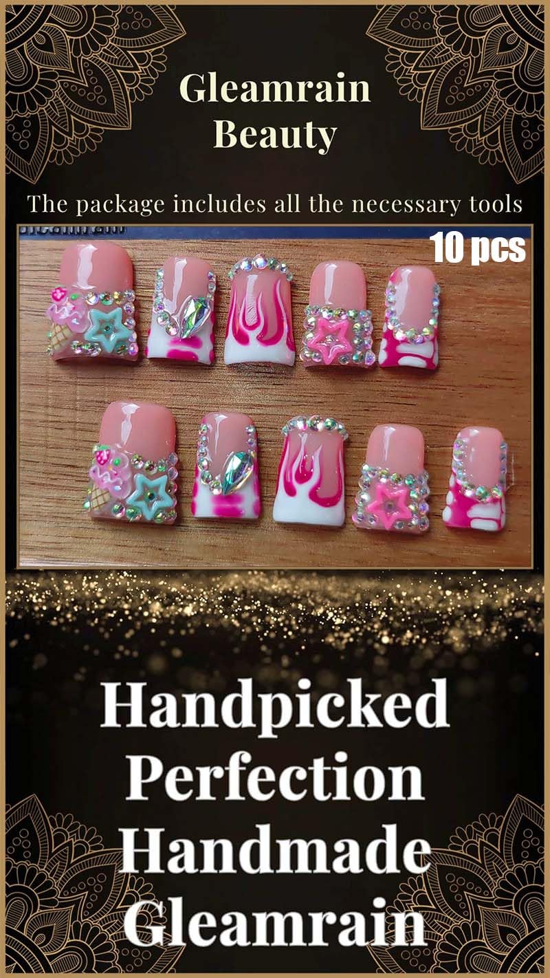 Gleamrain Handmade Press on Nails short Square Shape M Size/Gleamrain Luxury Duck Hand Made Cute Acrylic Glue on Nails With Rhinestones and Flower Design Duck Nail for Women and Girls 10 Pcs