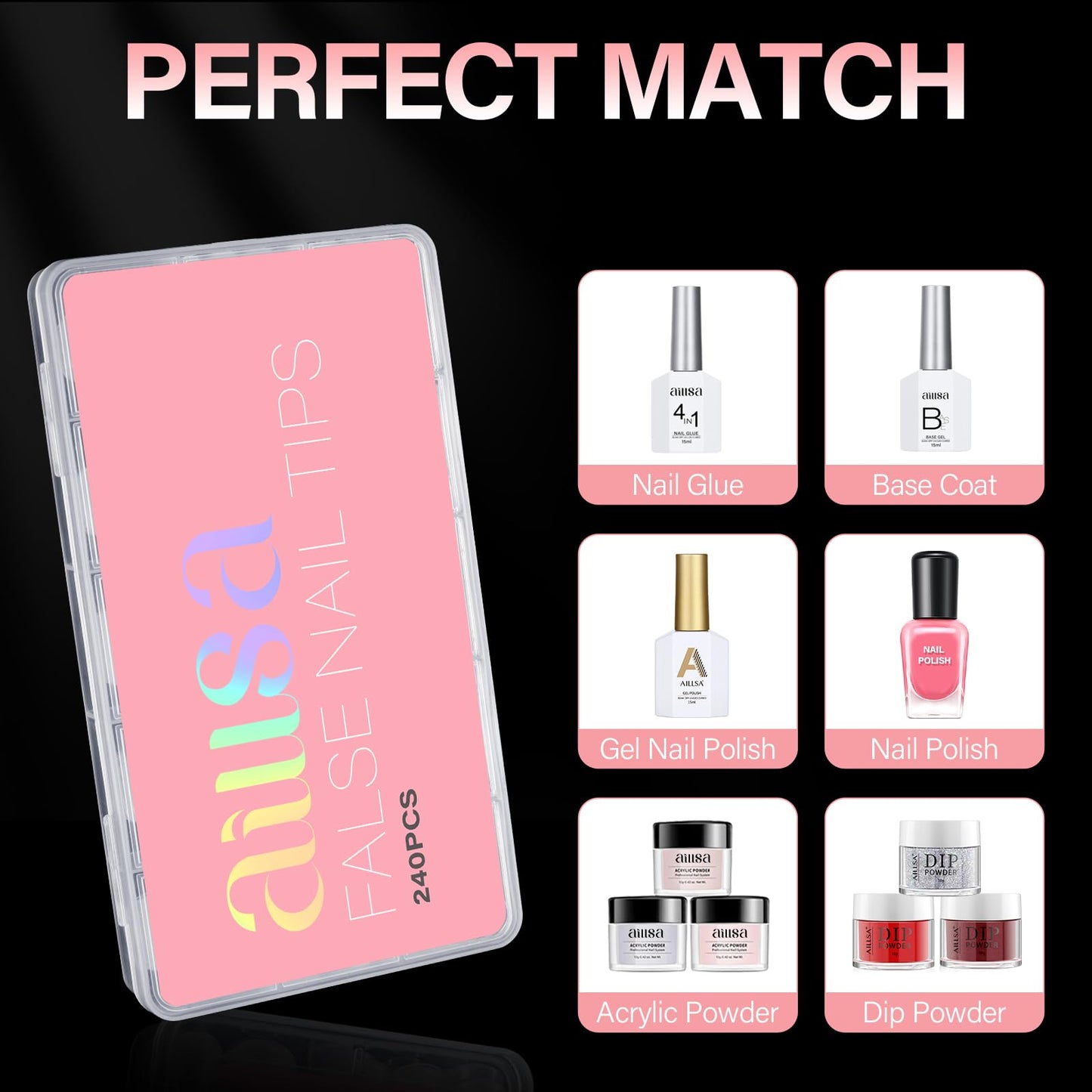 AILLSA Short Almond Nail Tips with Box, 15 Sizes Press On Gel Nail Tips Double Matte Pre-Buffed Almond Shaped Nails Tips Soft Full Cover Clear False Nail Tips for Nail Extension, 240PCS