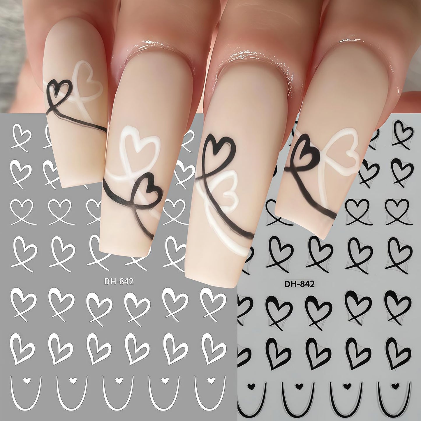 6 Sheets Valentine Heart Nail Art Stickers D Self Adhesive Hearts Nail Decals Stickers Black White Gold Pink Hollow Cute Heart Love Nail Sticker Design Valentines Manicure Decal for Women DIY Nails