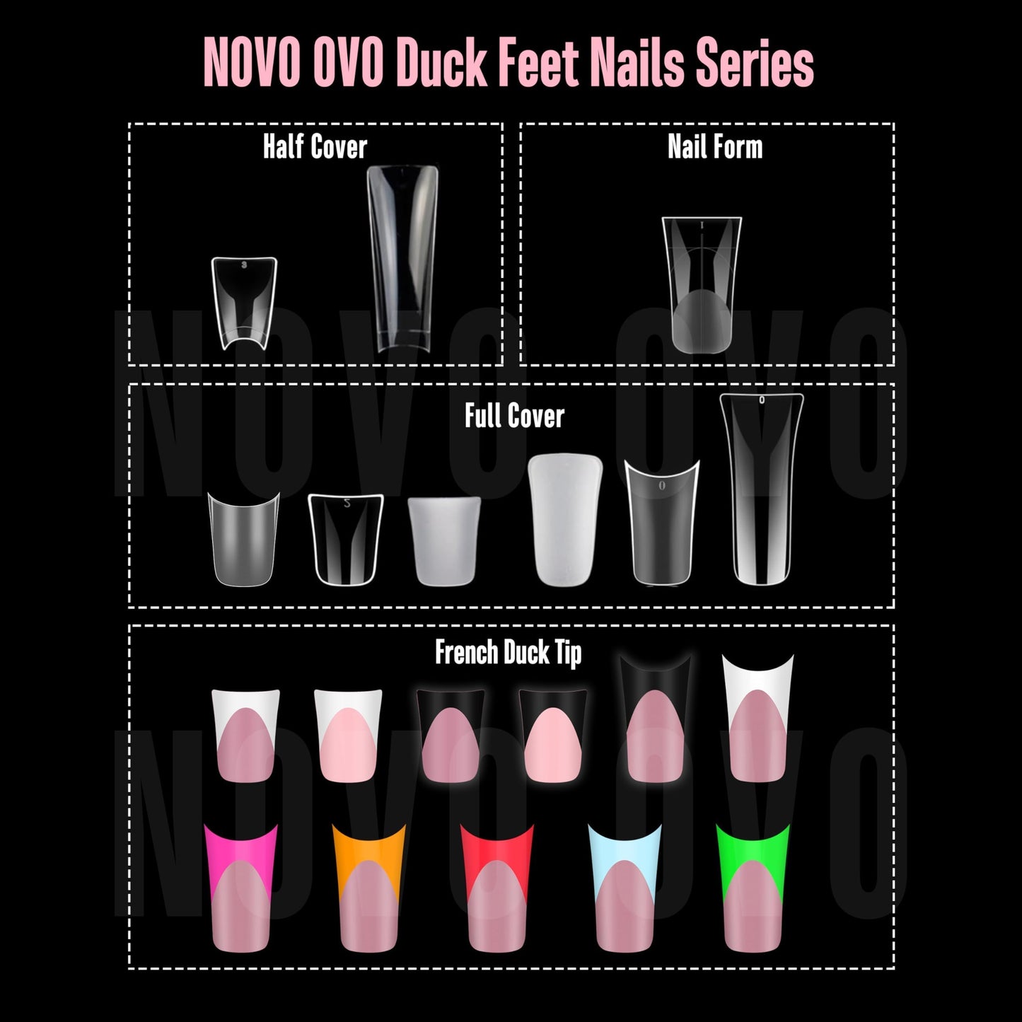 NOVO OVO XXL Long Duck Feet Nail Tips Half Cover for Acrylic, Clear Soft Gel No C Curve XXXL Extra Super Long Flare Y2K Wide French False Nail Extension x 11 Sizes in Box 308 pcs