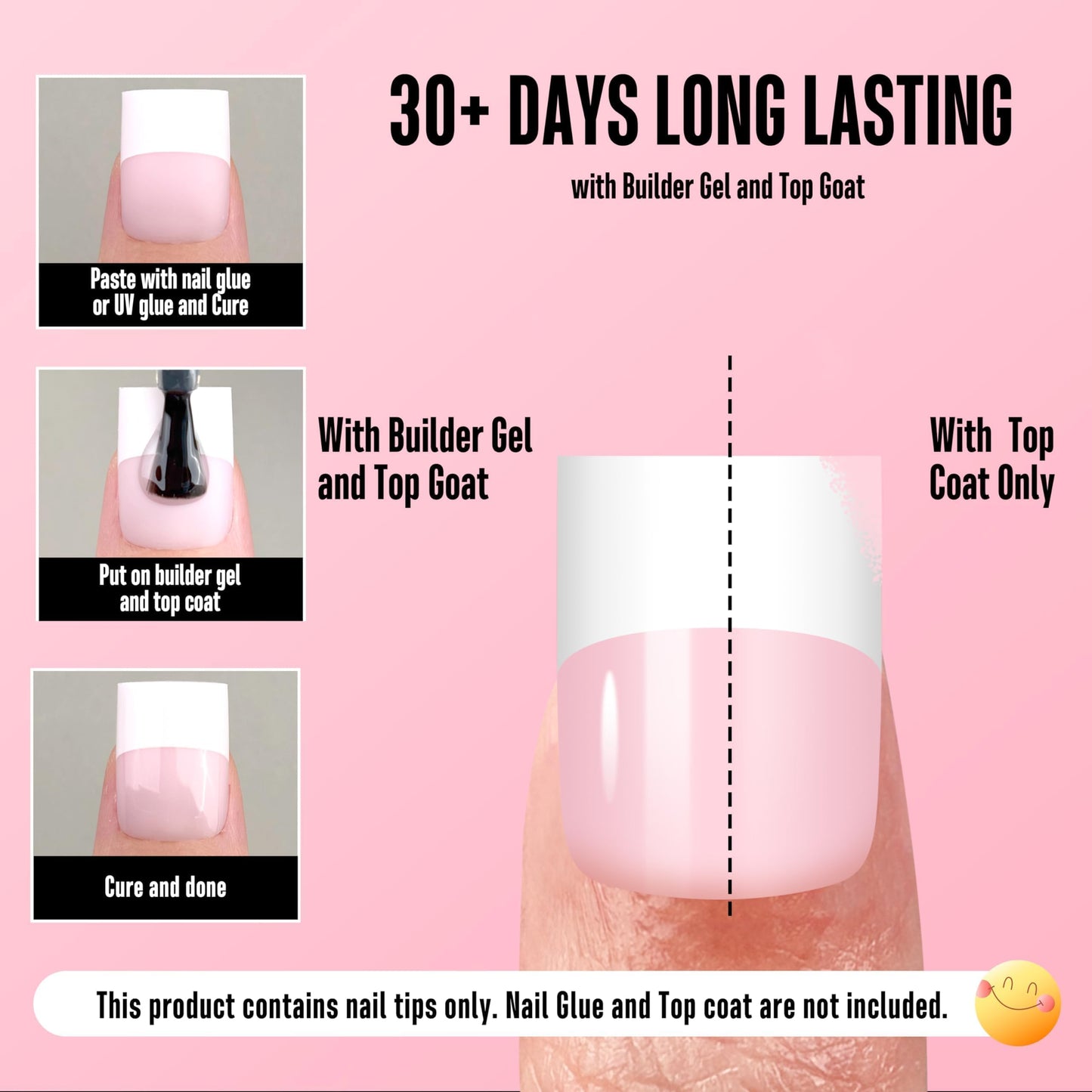 NOVO OVO Old School Wide White French Short Sharp Square Tip Nail Tips Press on MILKY PINK, Need Builder Gel Top Coat Nail Glue, Soft Gel Full Cover Fake Nail Extension, for DIY x 15 Sizes 240 pcs